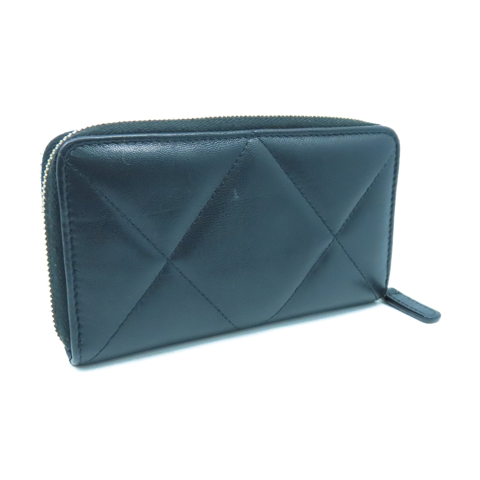 CHANEL 菱格羊皮皮革Zipper Wallet金扣長錢包黑色