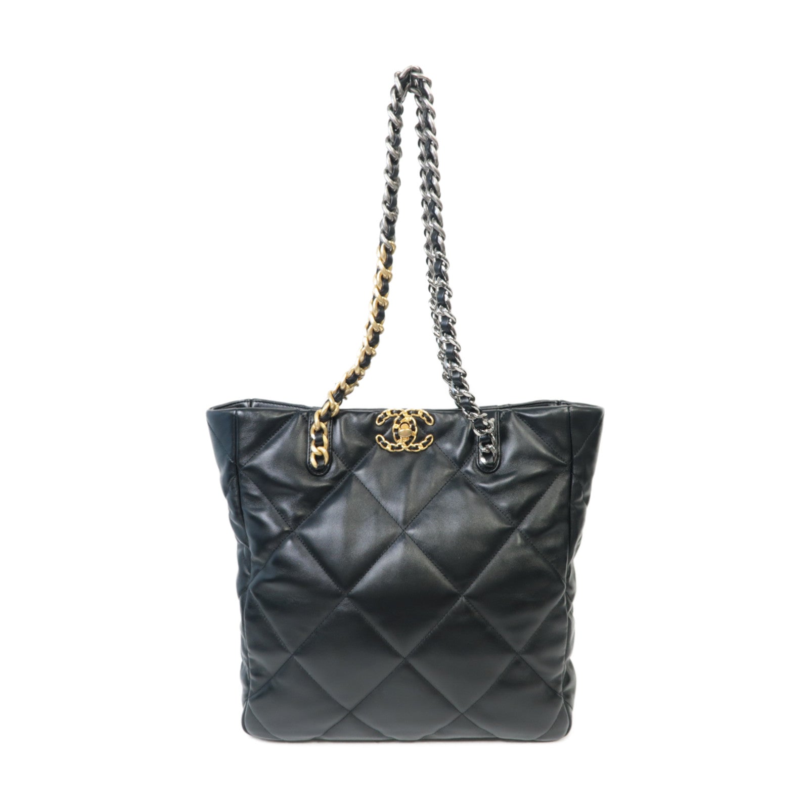 CHANEL 菱格羊皮皮革Chanel 19金扣/銀扣鏈帶肩背袋黑色
