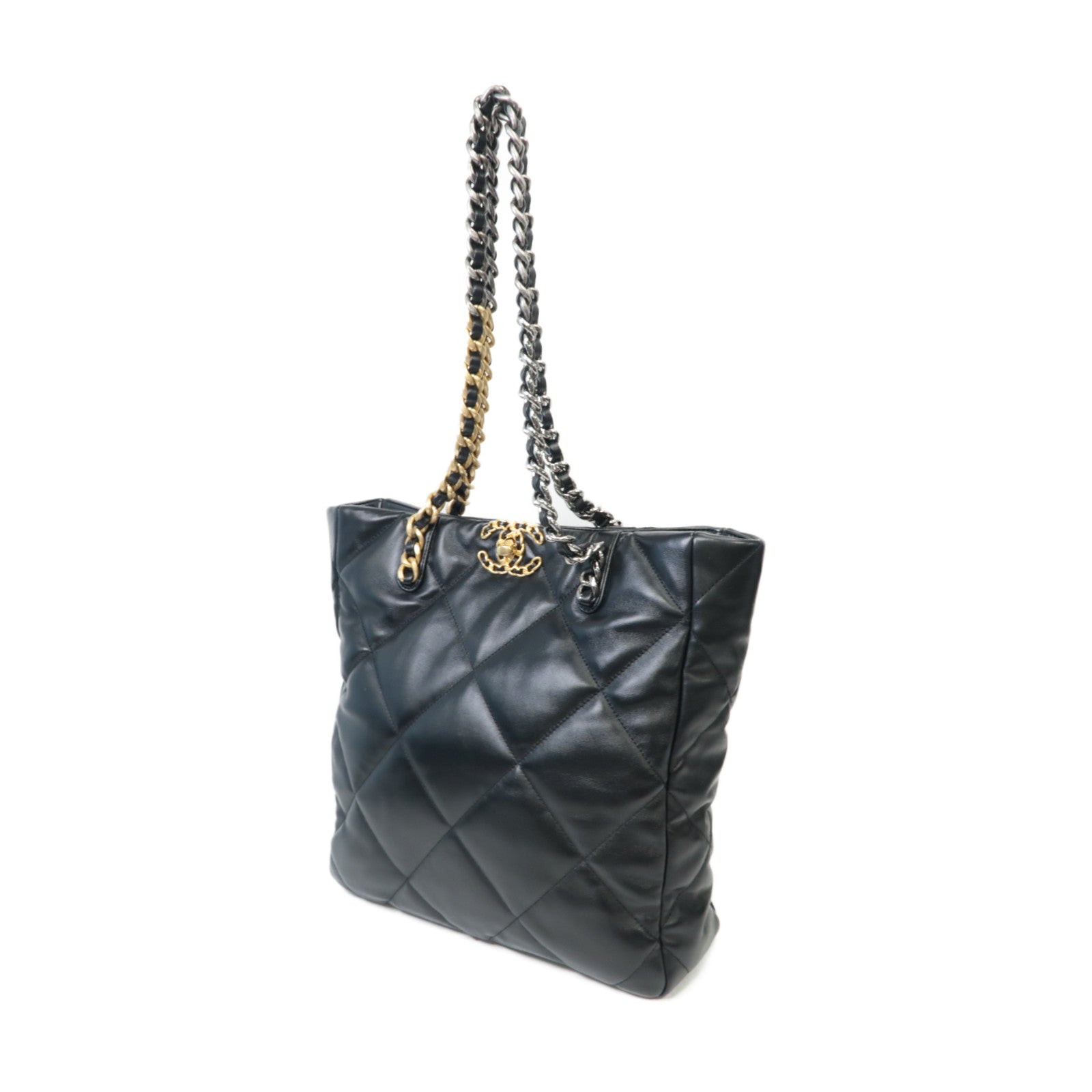 CHANEL 菱格羊皮皮革Chanel 19金扣/銀扣鏈帶肩背袋黑色