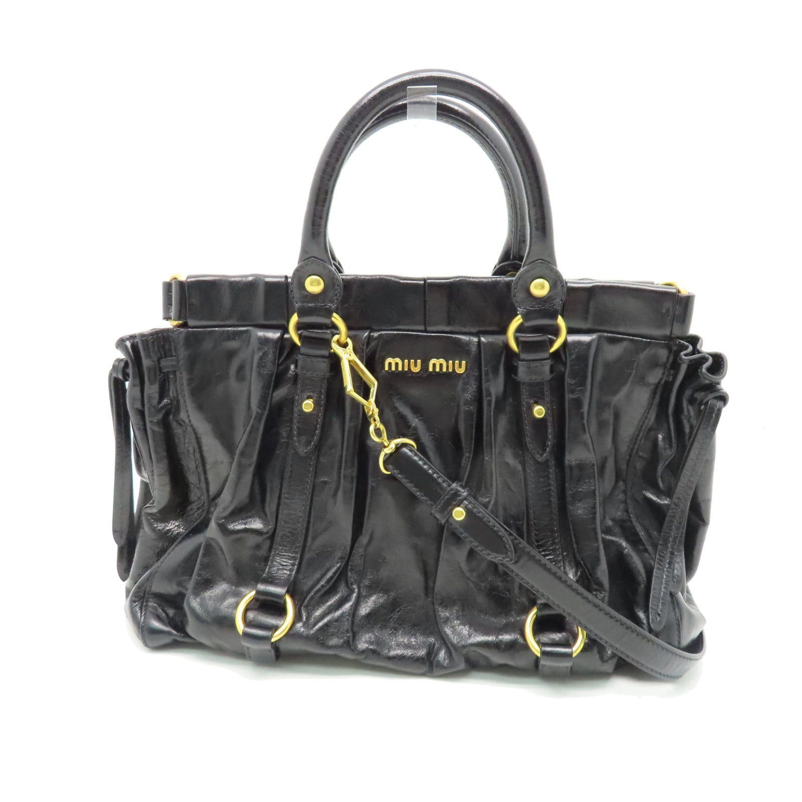 Miu Miu Sheepskin Leather Shoulder Bag Gold Buckle Handle Shoulder Bag Black