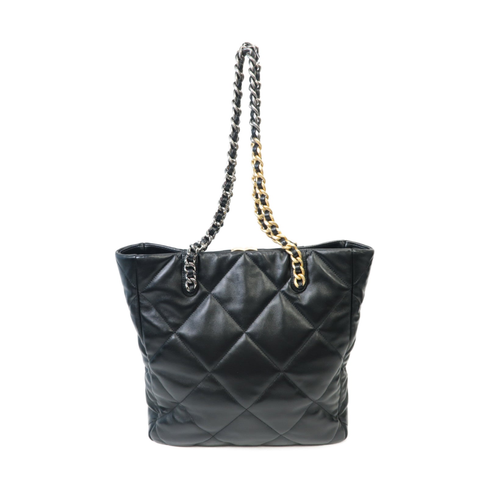 CHANEL 菱格羊皮皮革Chanel 19金扣/銀扣鏈帶肩背袋黑色