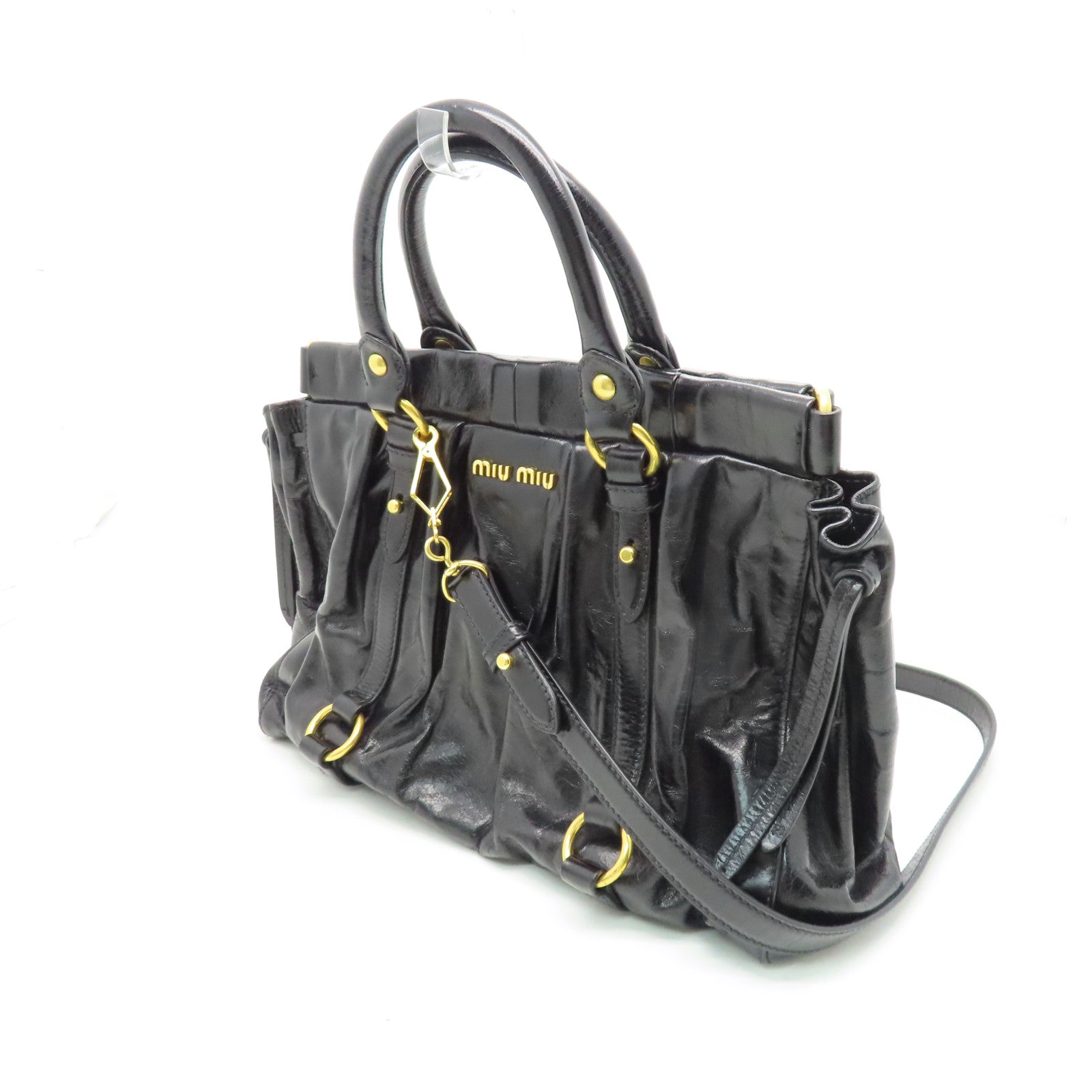 Miu Miu Sheepskin Leather Shoulder Bag Gold Buckle Handle Shoulder Bag Black