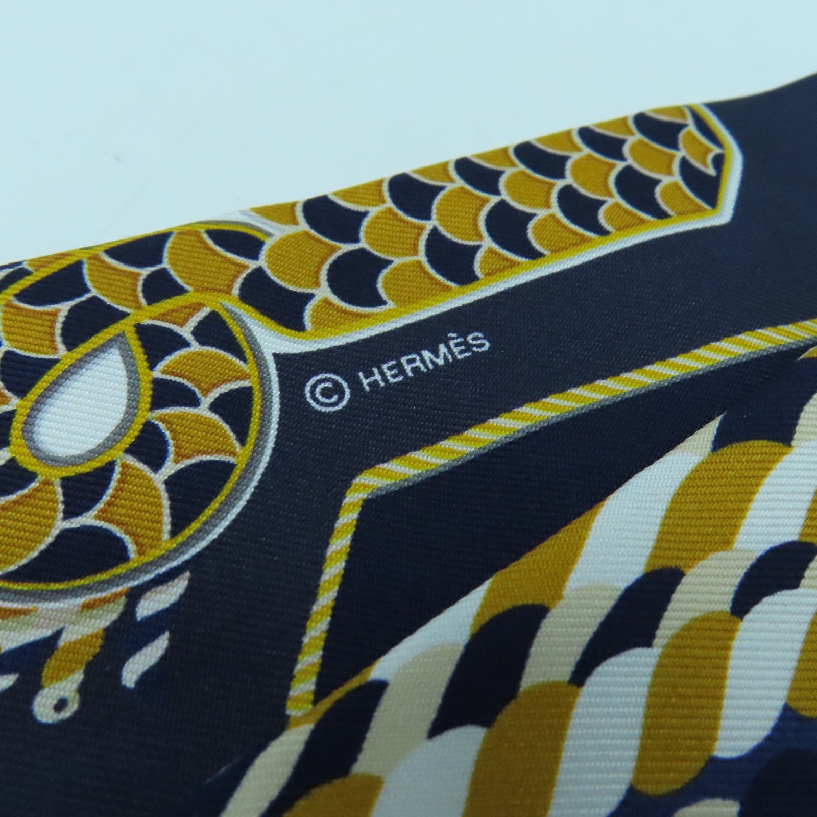 HERMES 【激減優惠】絲質Twilly絲巾深藍色/黃色