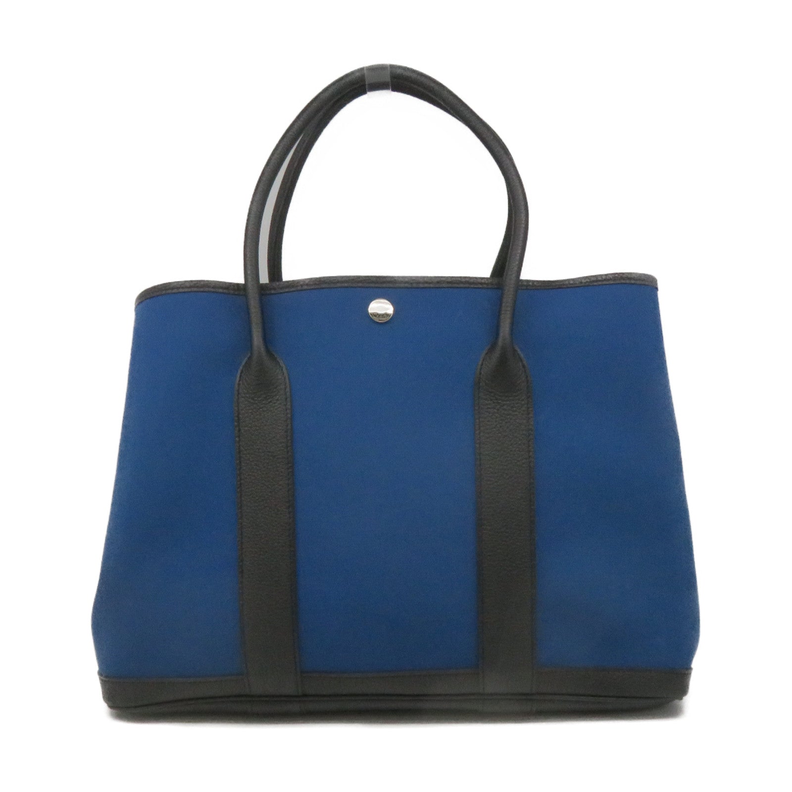 HERMES Canvas Garden Party PM Tote Bag Silver Button Handle Bag Leder Blue Blue/Black