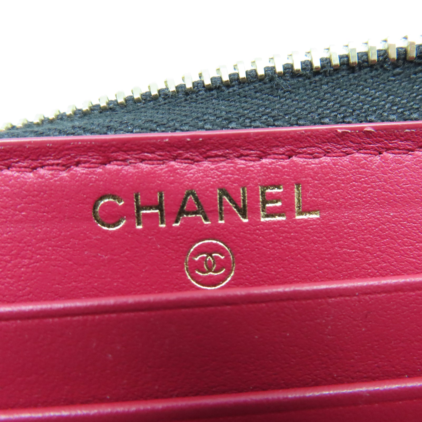 CHANEL 菱格羊皮皮革Zipper Wallet金扣長錢包黑色