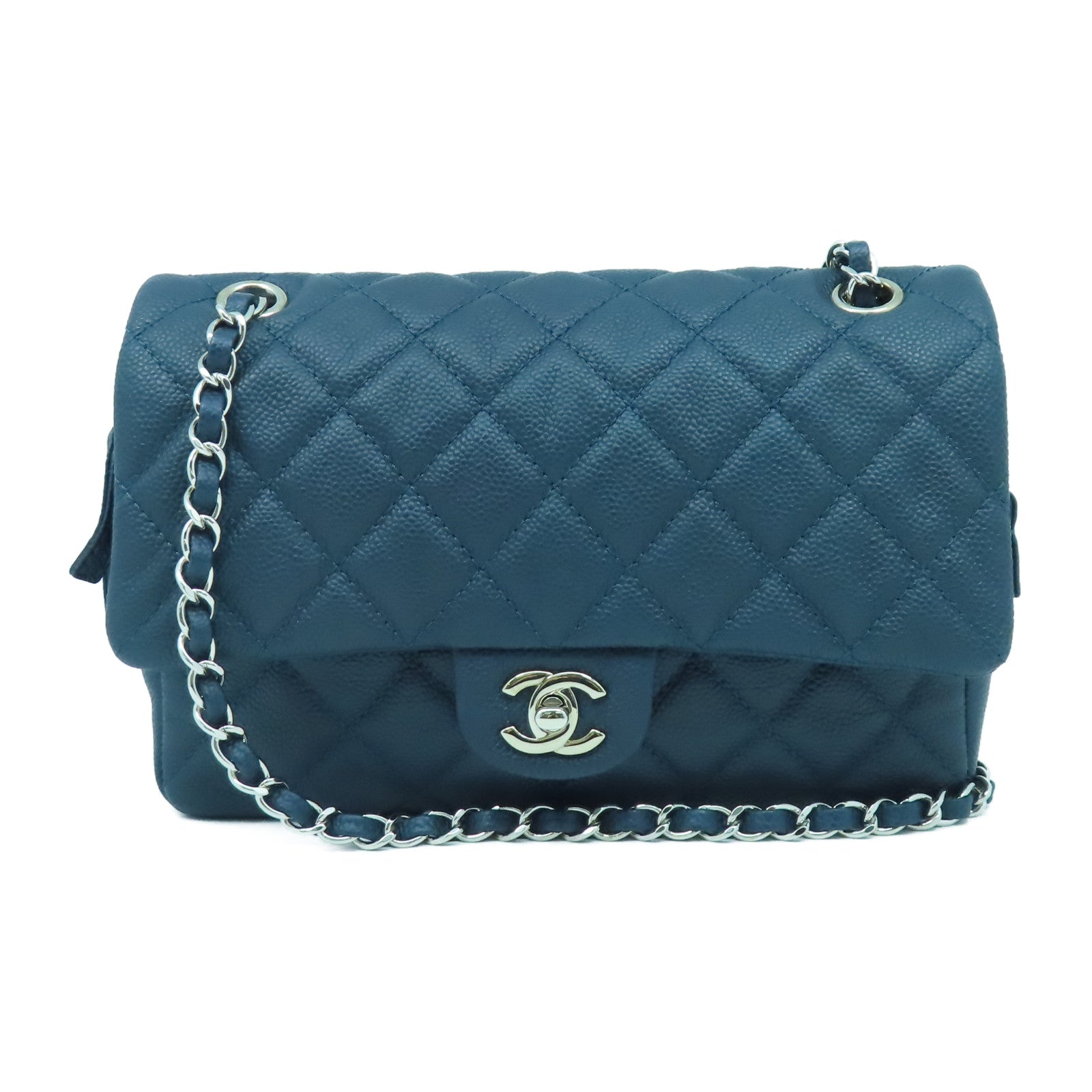 CHANEL 菱格牛皮皮革Chain Shoulder銀扣鏈帶肩背袋藍色