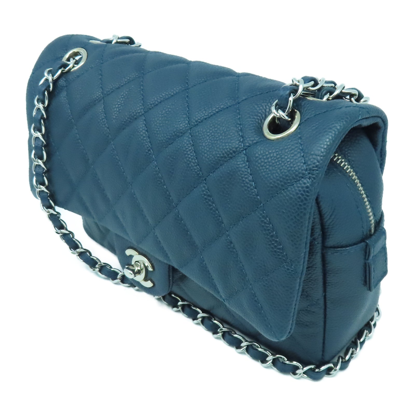 CHANEL 菱格牛皮皮革Chain Shoulder銀扣鏈帶肩背袋藍色