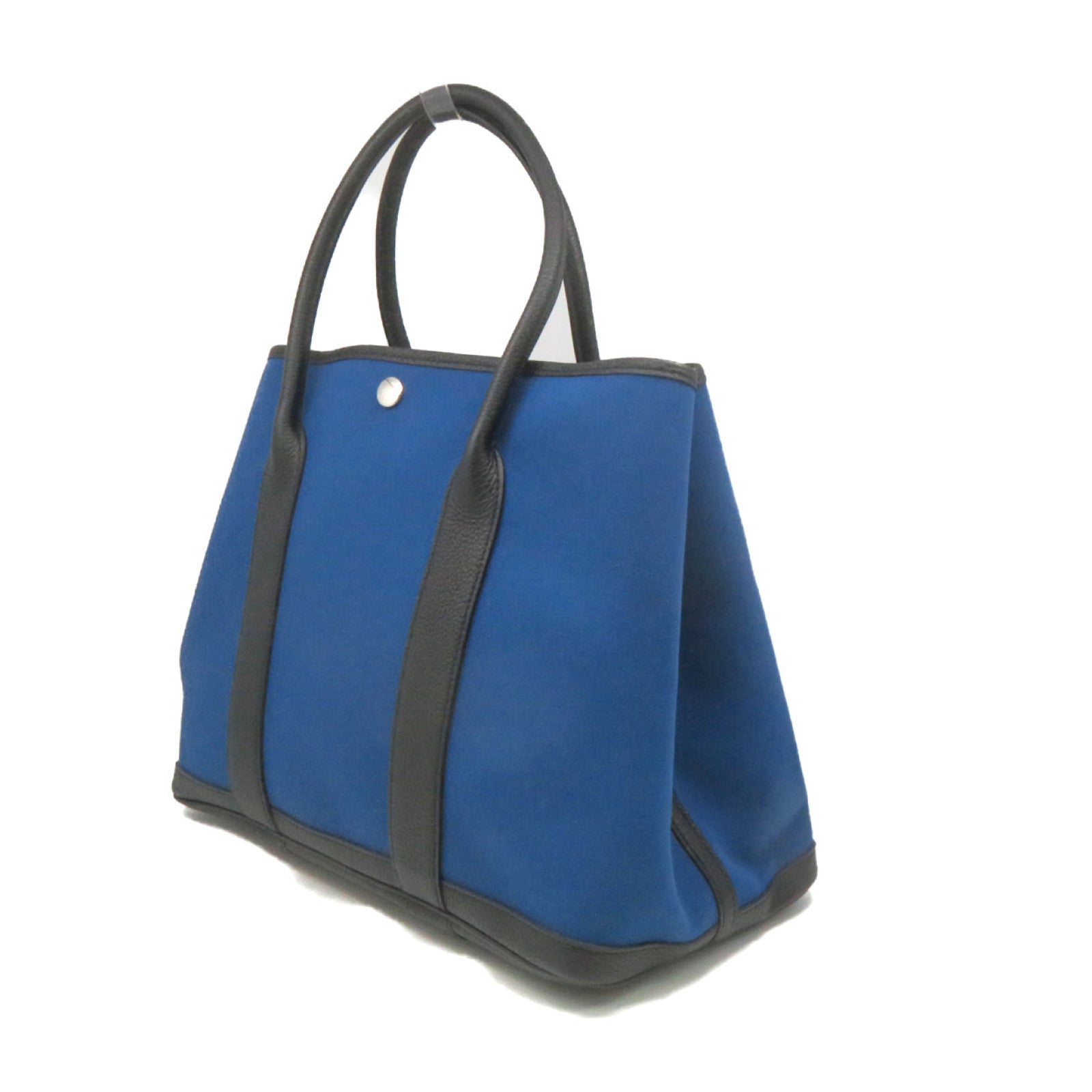 HERMES Canvas Garden Party PM Tote Bag Silver Button Handle Bag Leder Blue Blue/Black