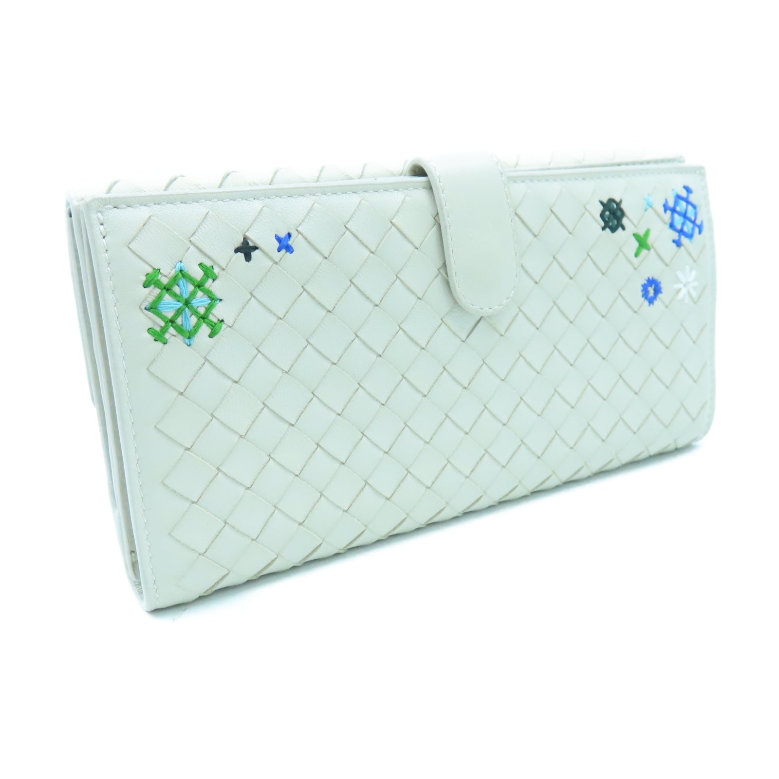 BOTTEGA VENETA 菱格羊皮皮革Long Wallet銀扣長錢包白色