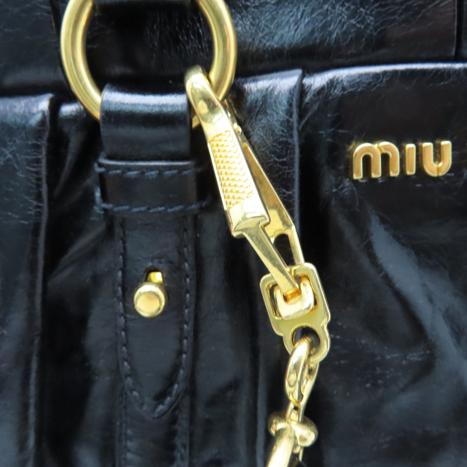Miu Miu Sheepskin Leather Shoulder Bag Gold Buckle Handle Shoulder Bag Black