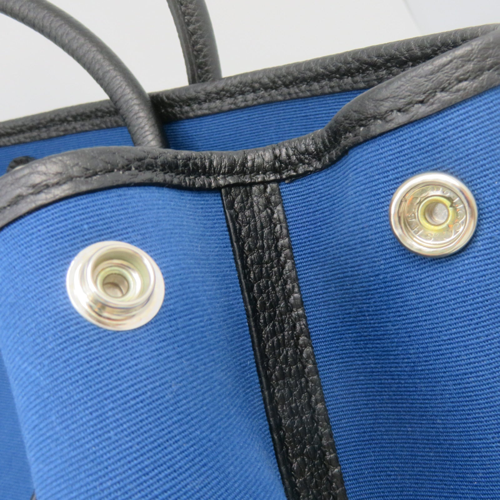 HERMES Canvas Garden Party PM Tote Bag Silver Button Handle Bag Leder Blue Blue/Black