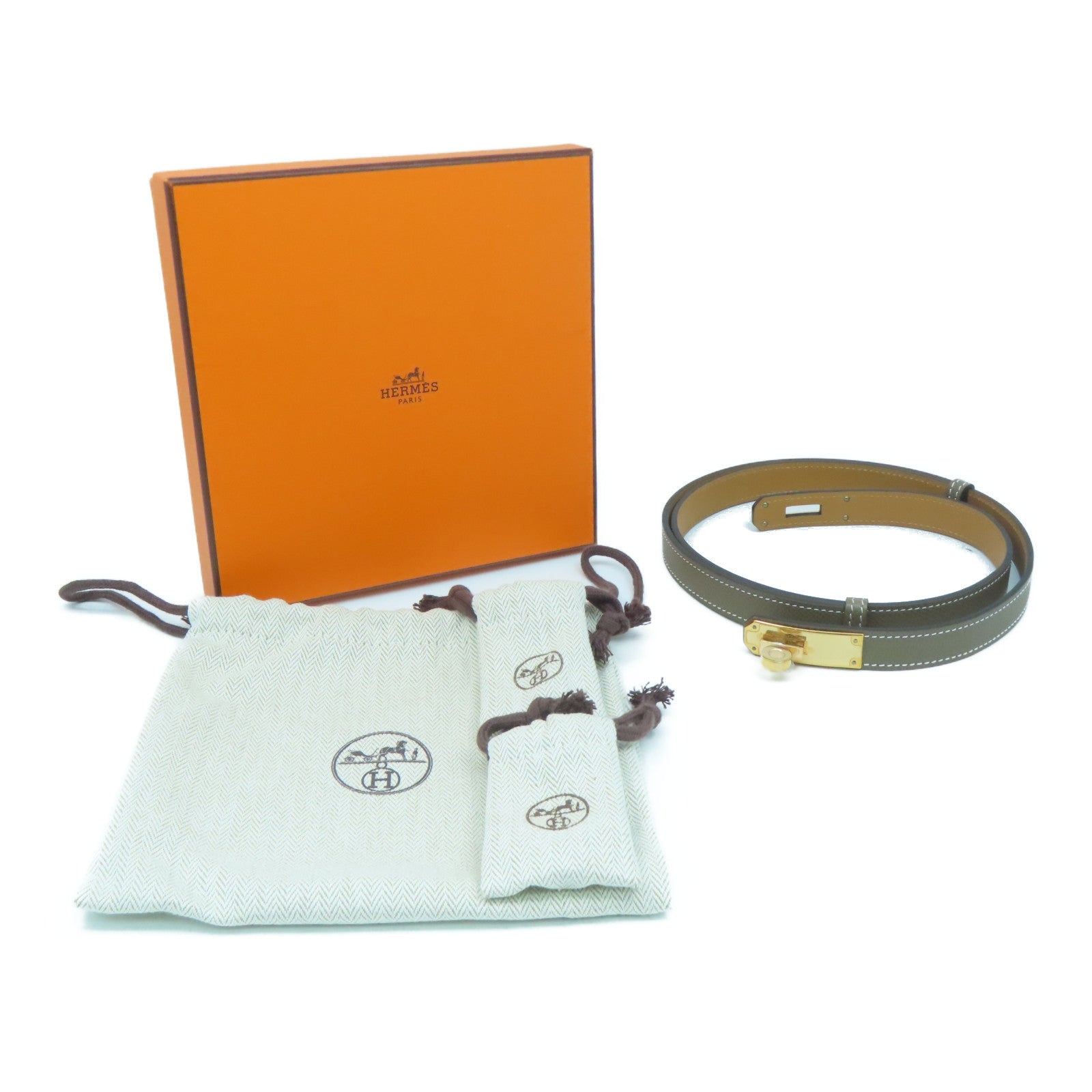 HERMES Epsom皮革Kelly Belt金扣皮帶Etoupe大象灰色