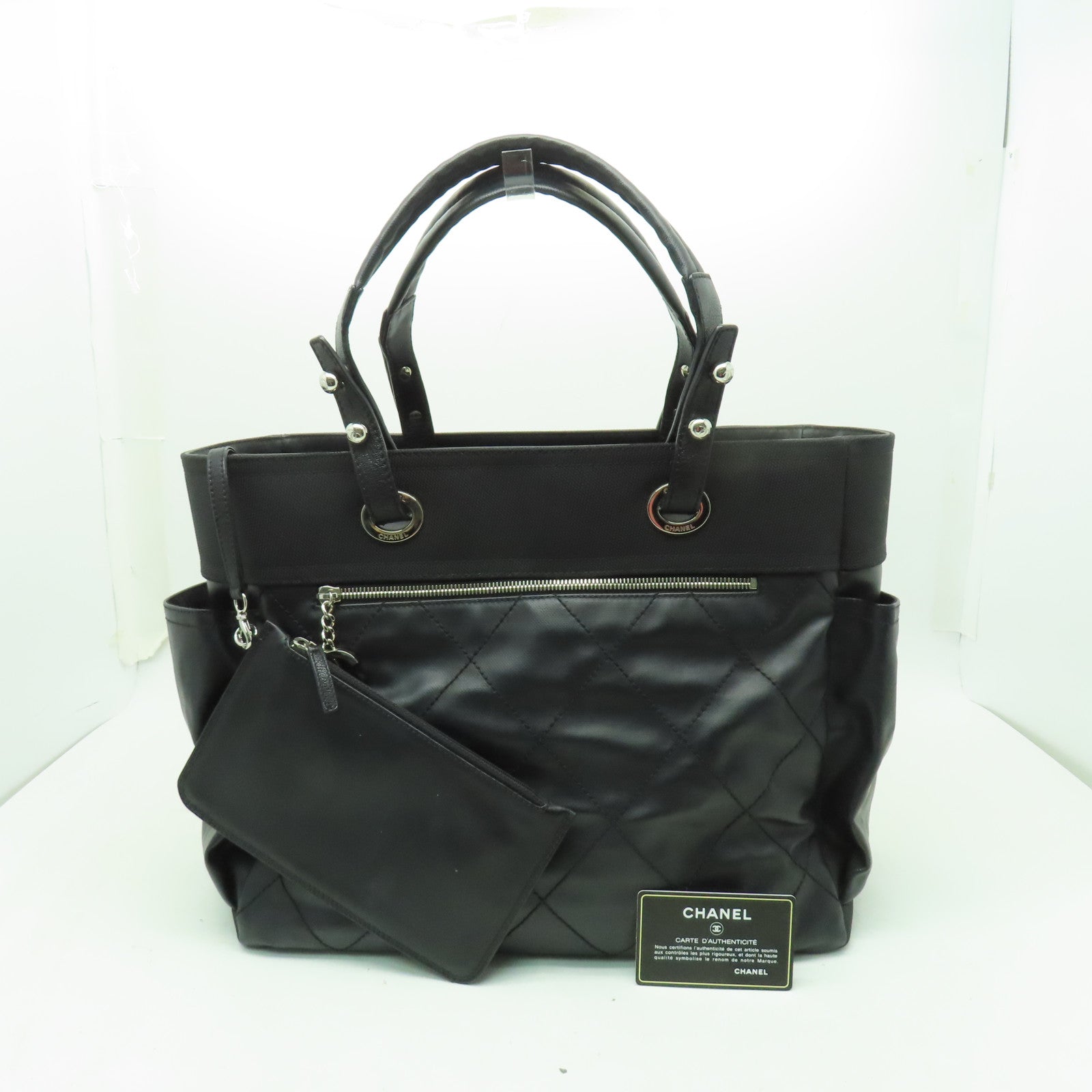 CHANEL 菱格皮革/帆布Shoulder Bag銀扣肩背袋黑色