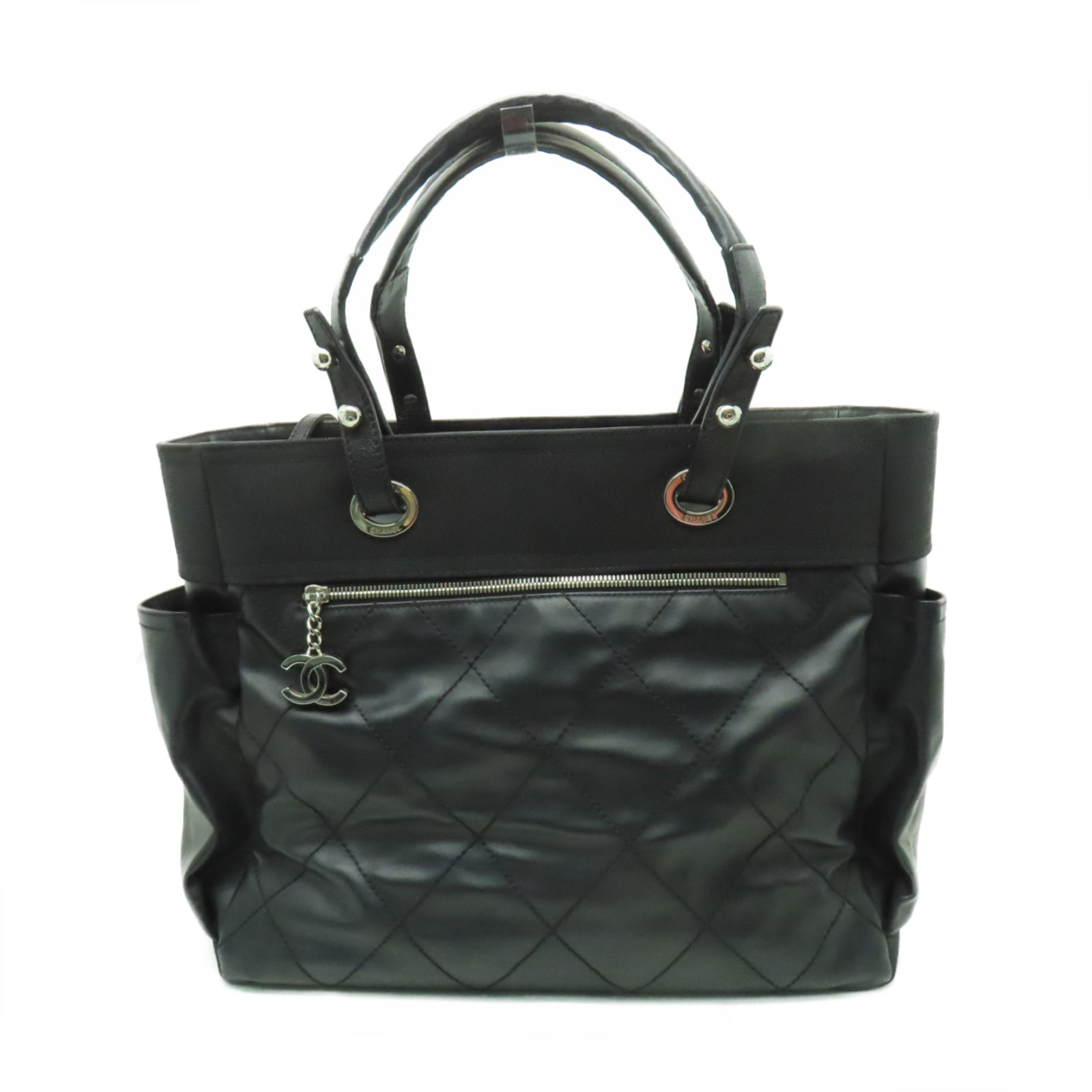 CHANEL 菱格皮革/帆布Shoulder Bag銀扣肩背袋黑色