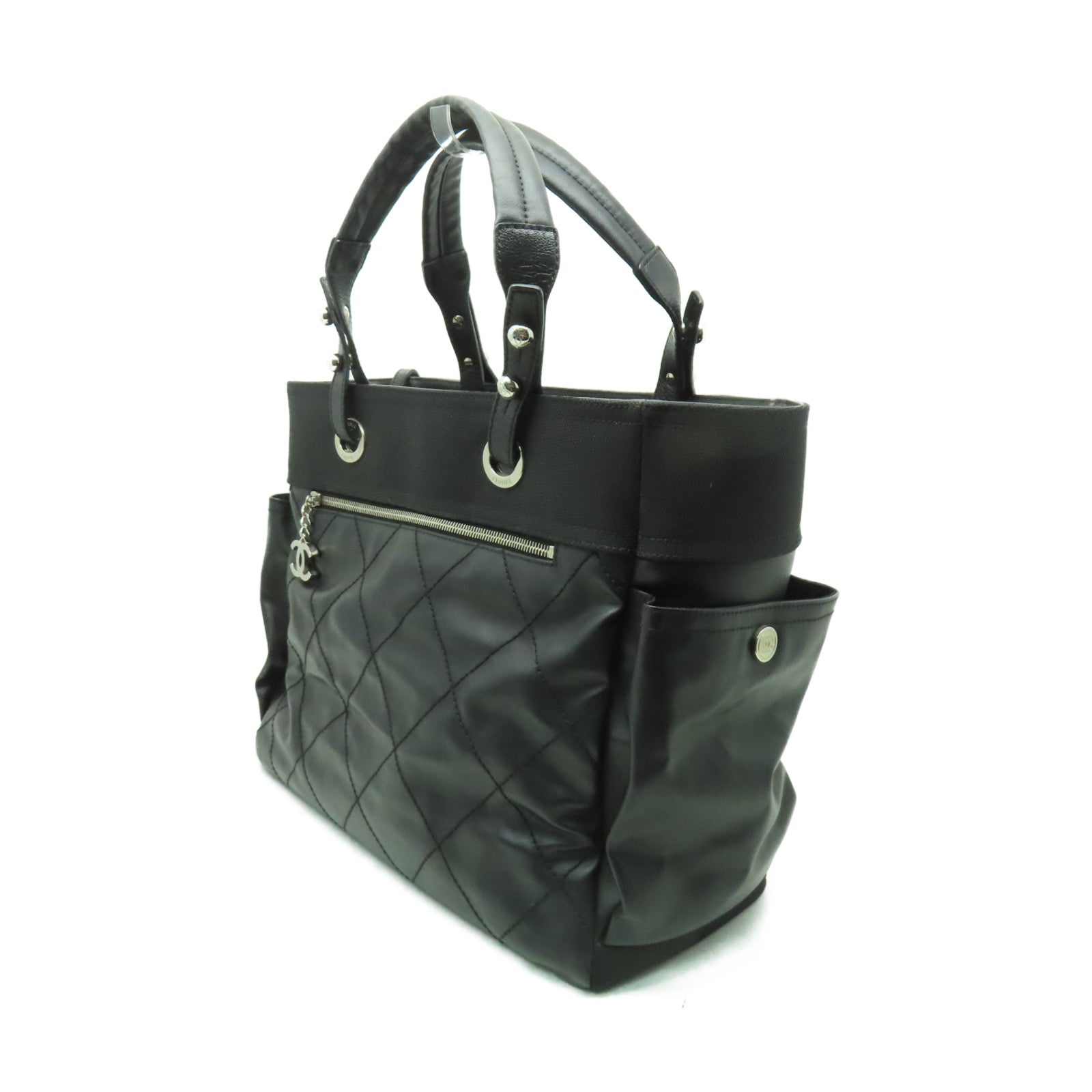 CHANEL 菱格皮革/帆布Shoulder Bag銀扣肩背袋黑色