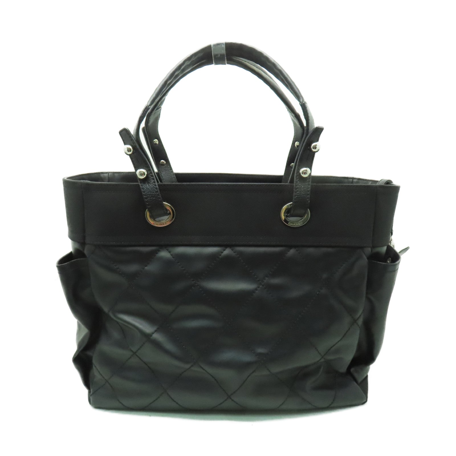 CHANEL 菱格皮革/帆布Shoulder Bag銀扣肩背袋黑色
