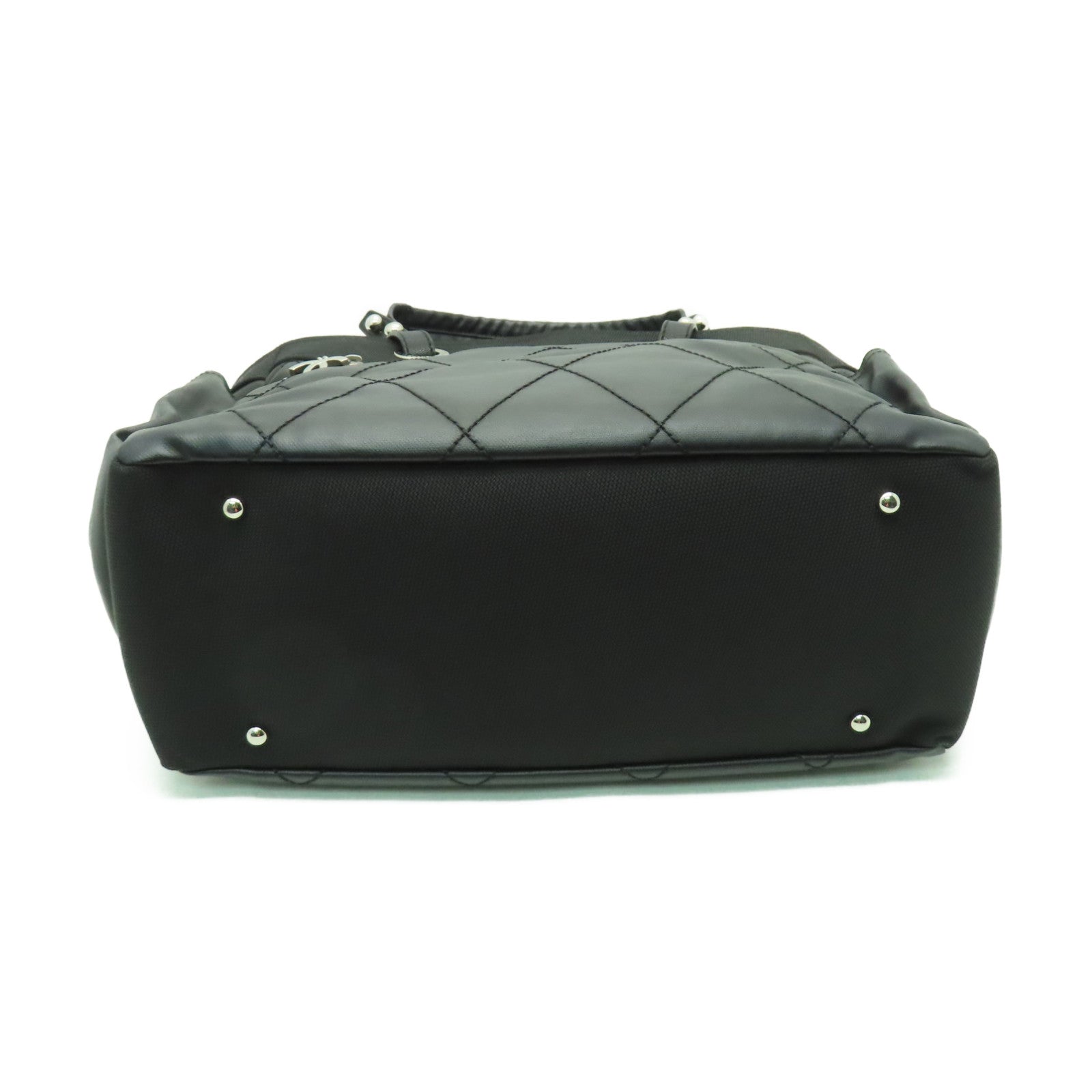CHANEL 菱格皮革/帆布Shoulder Bag銀扣肩背袋黑色