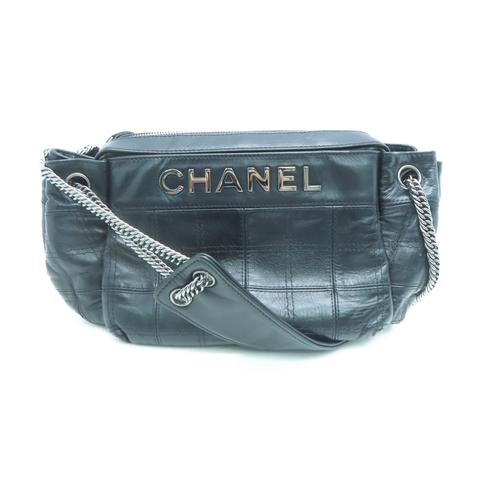 CHANEL 牛皮皮革Shoulder Bag銀扣鏈帶肩背袋黑色