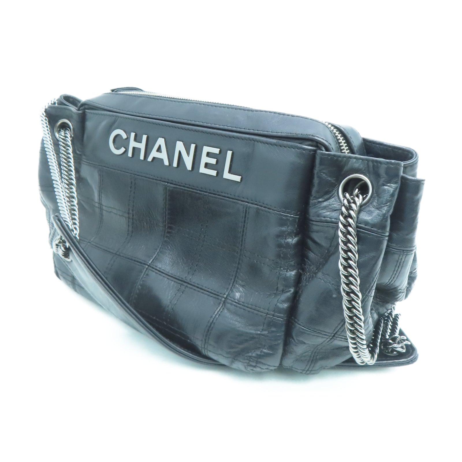 CHANEL 牛皮皮革Shoulder Bag銀扣鏈帶肩背袋黑色