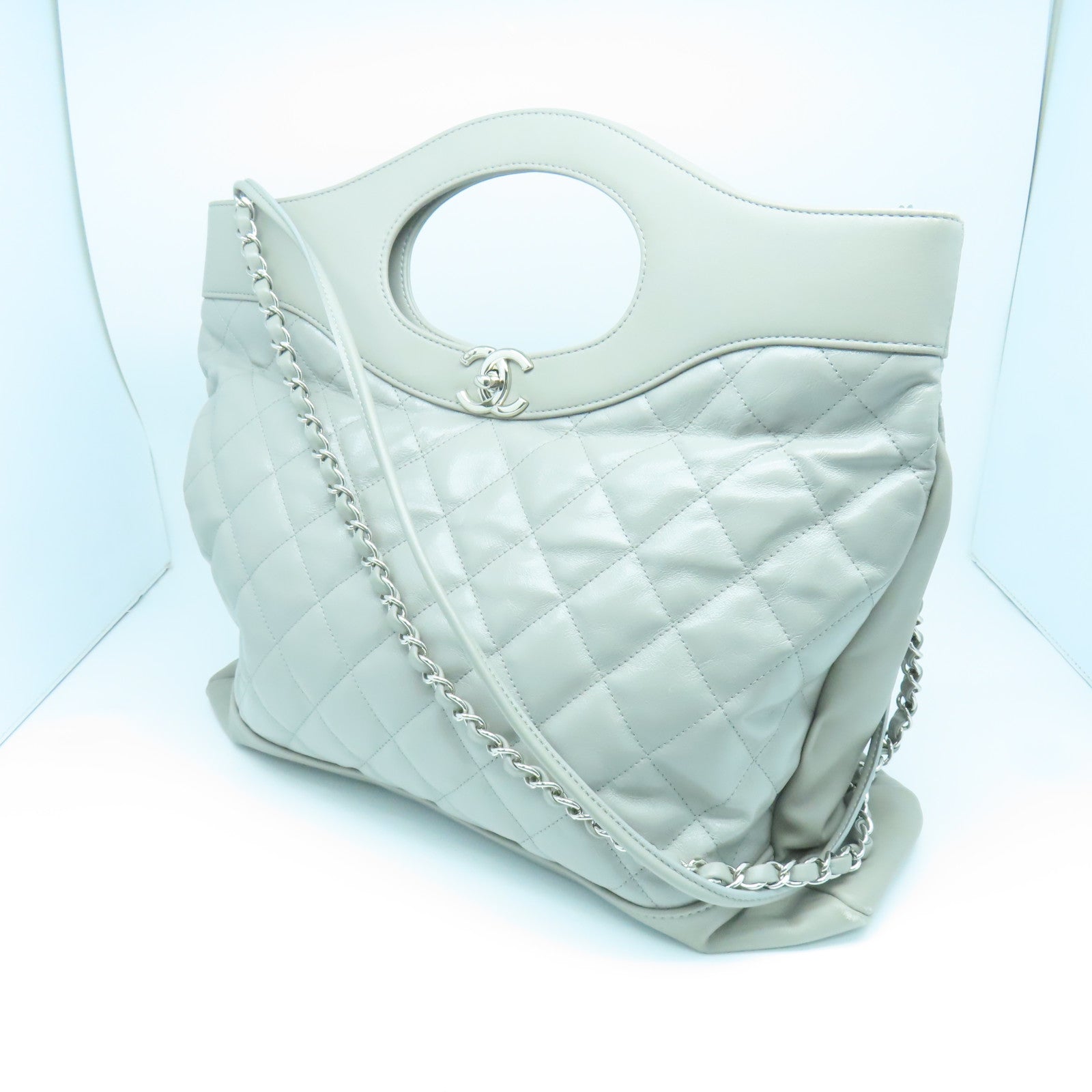 CHANEL 菱格羊皮皮革Shoulder Bag銀扣鏈帶肩背袋灰色