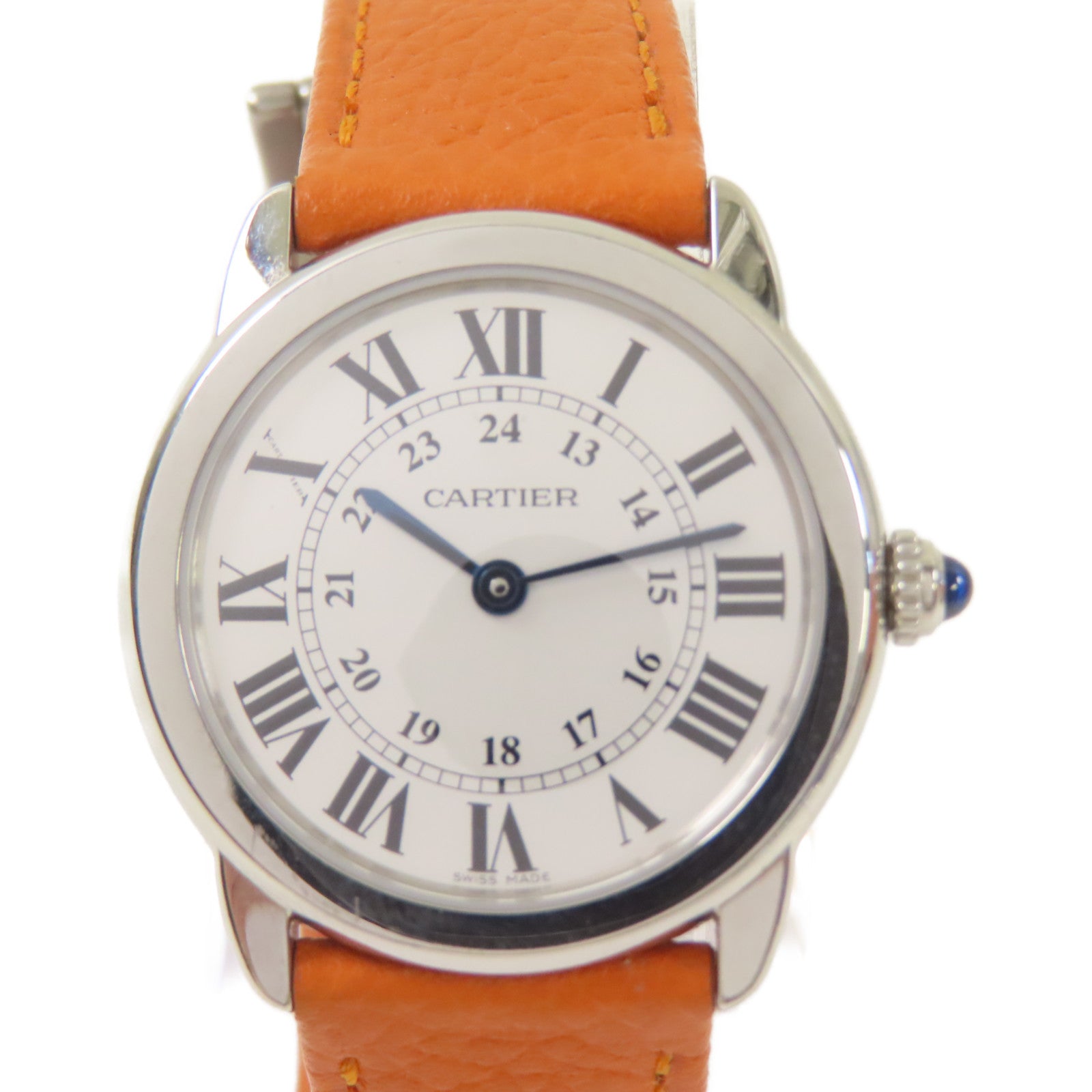 CARTIER Ronde Solo De Cartier Watch不鏽鋼/牛皮皮帶石英機芯手錶白色/橙色
