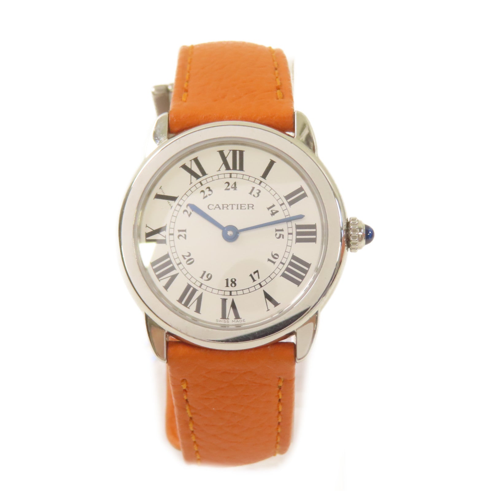 CARTIER Ronde Solo De Cartier Watch不鏽鋼/牛皮皮帶石英機芯手錶白色/橙色