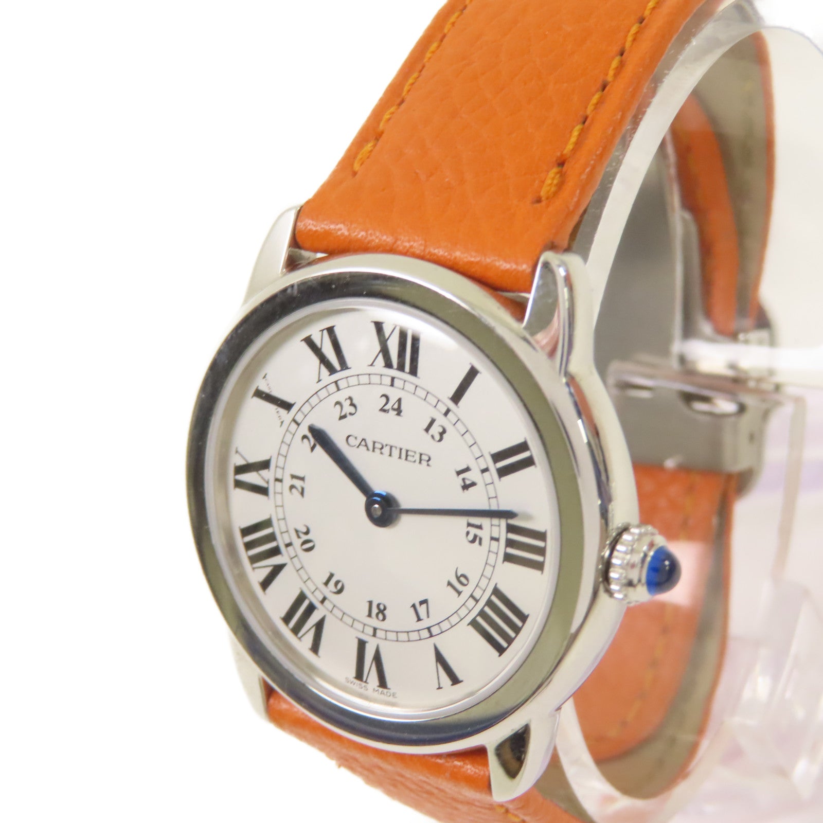 CARTIER Ronde Solo De Cartier Watch不鏽鋼/牛皮皮帶石英機芯手錶白色/橙色