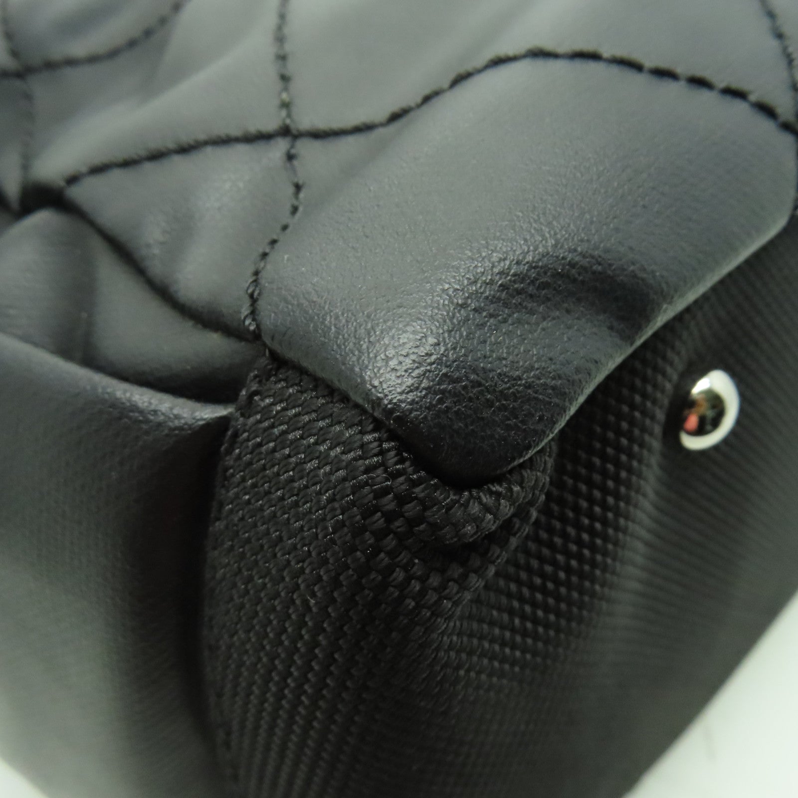 CHANEL 菱格皮革/帆布Shoulder Bag銀扣肩背袋黑色