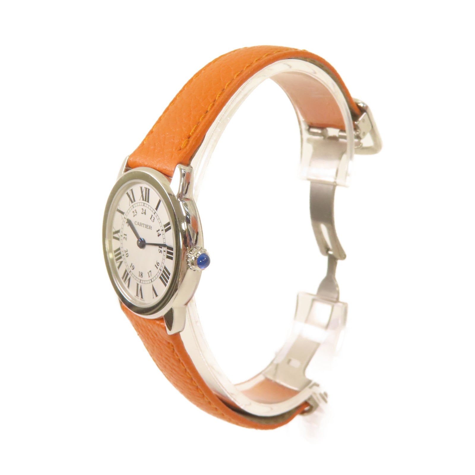 CARTIER Ronde Solo De Cartier Watch不鏽鋼/牛皮皮帶石英機芯手錶白色/橙色