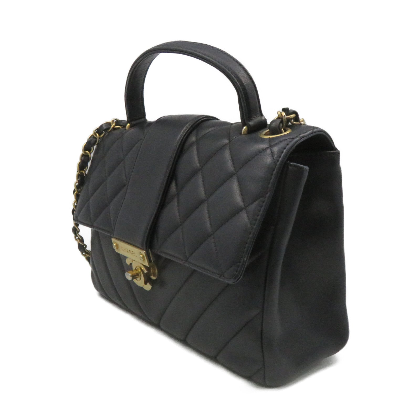 CHANEL Rhombus Sheepskin Leather Chain 2Way Shoulder Bag Gold Buckle Handle Shoulder Bag Black