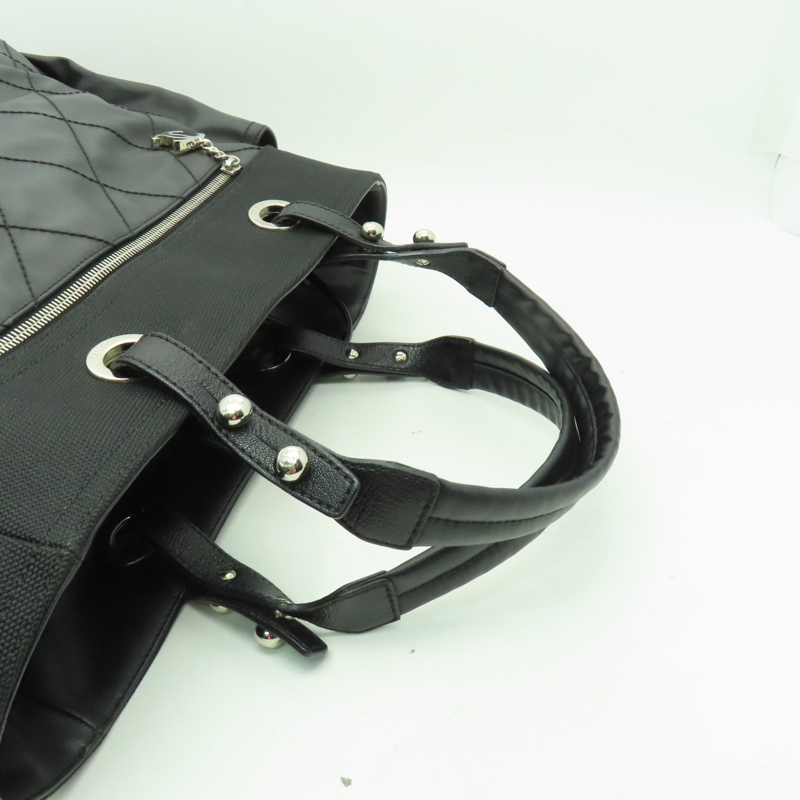 CHANEL 菱格皮革/帆布Shoulder Bag銀扣肩背袋黑色