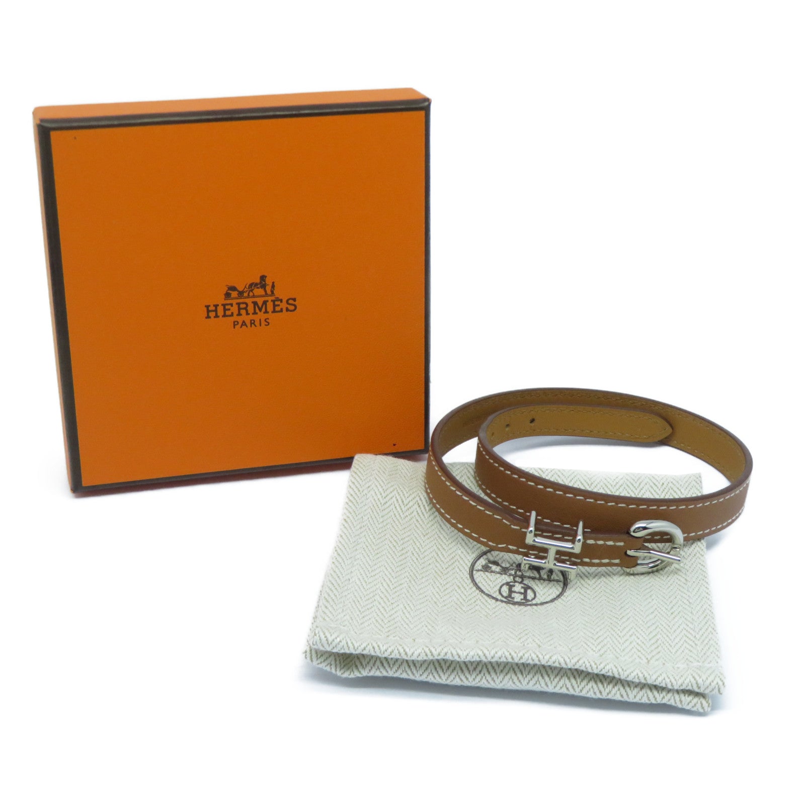 HERMES 皮革Trench Bracelet銀扣手鐲Gold經典駝色