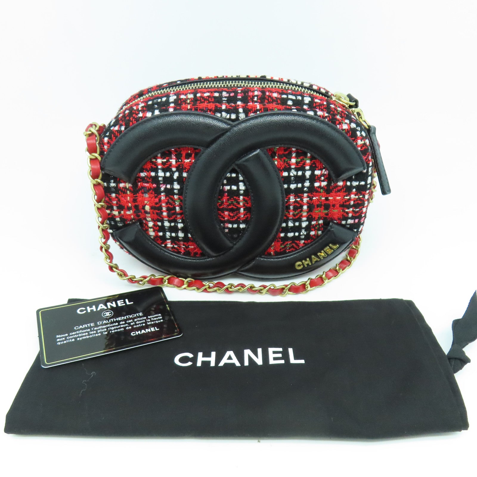 CHANEL 斜紋軟呢Chain Shoulder金扣鏈帶肩背袋紅色/黑色