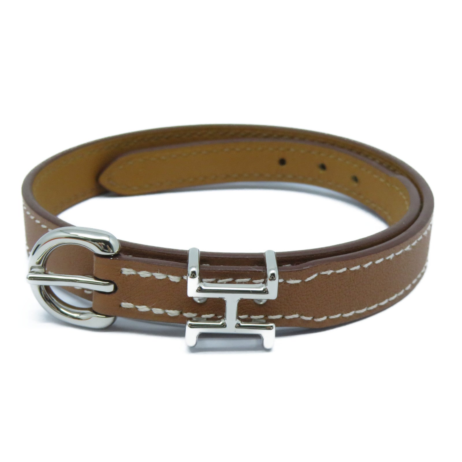 HERMES 皮革Trench Bracelet銀扣手鐲Gold經典駝色