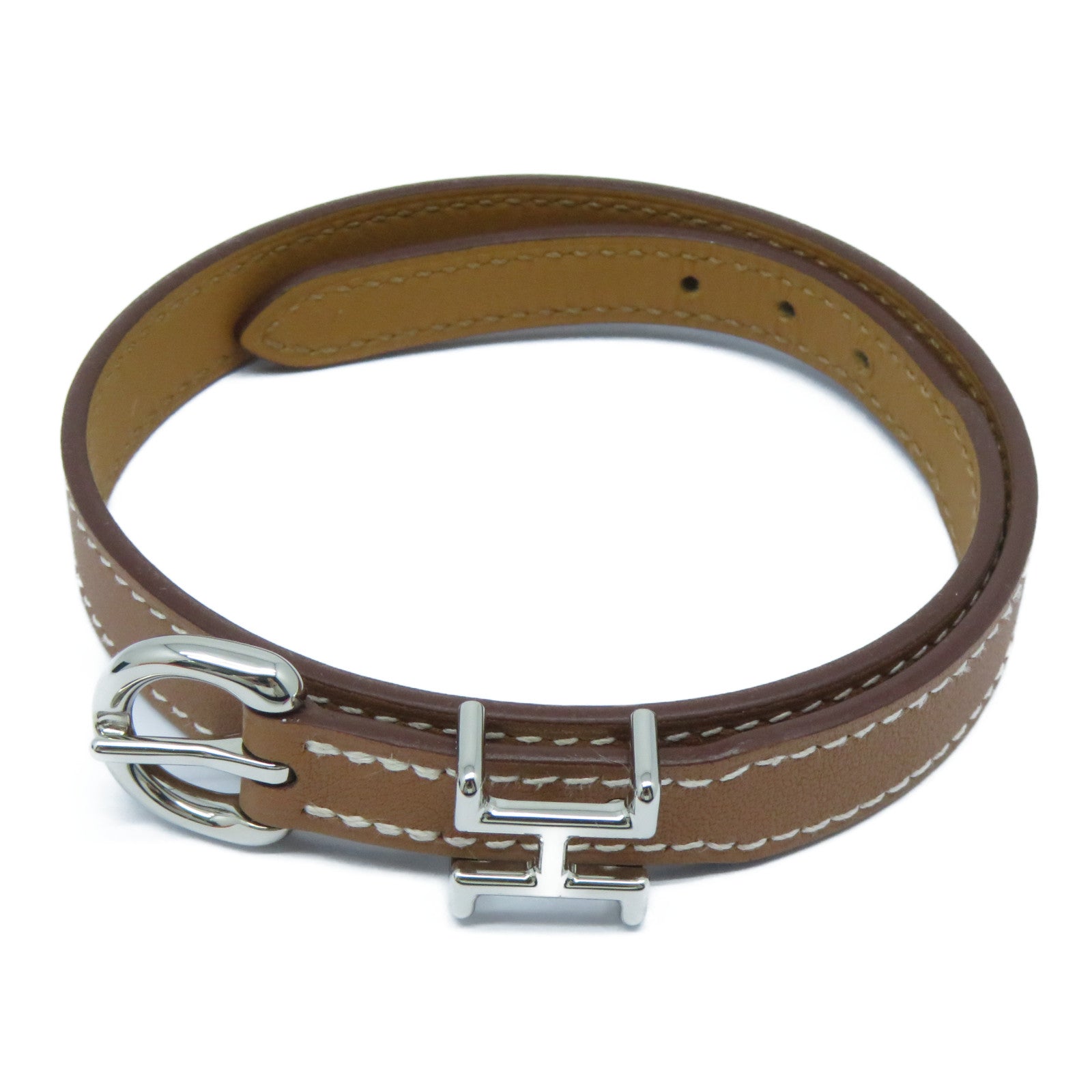 HERMES 皮革Trench Bracelet銀扣手鐲Gold經典駝色