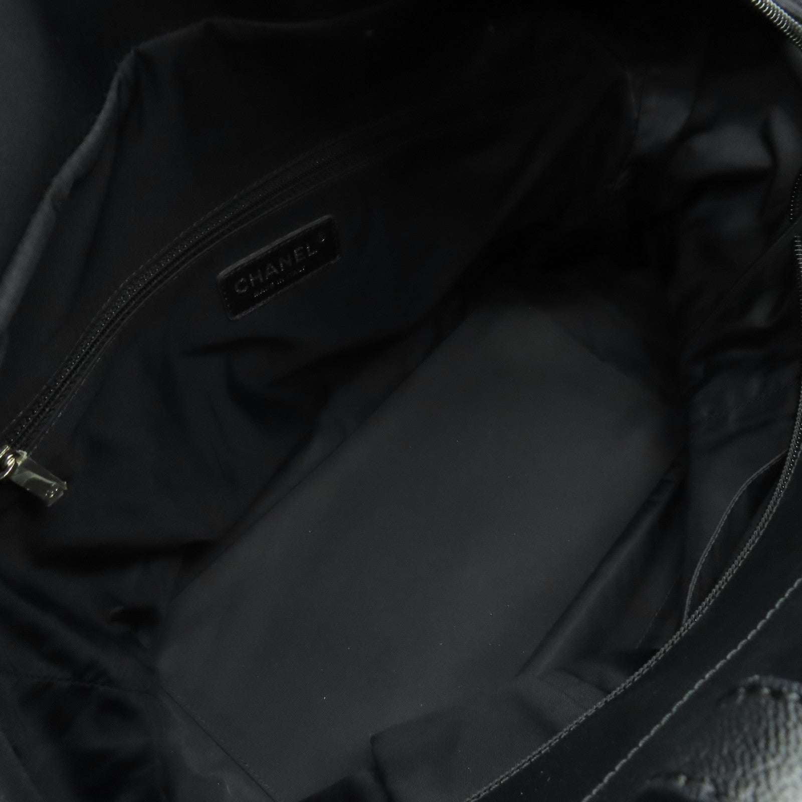 CHANEL 菱格皮革/帆布Shoulder Bag銀扣肩背袋黑色