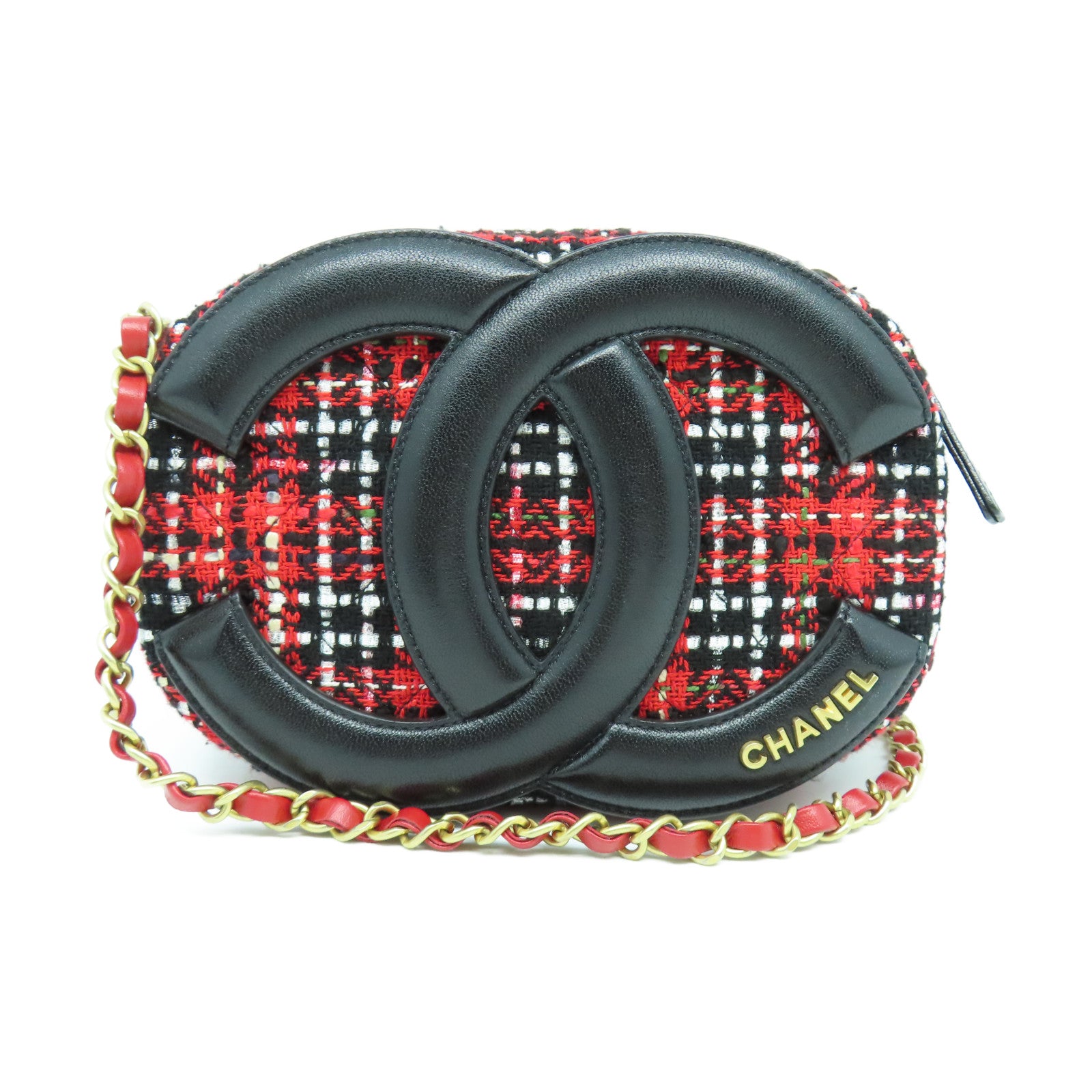 CHANEL 斜紋軟呢Chain Shoulder金扣鏈帶肩背袋紅色/黑色