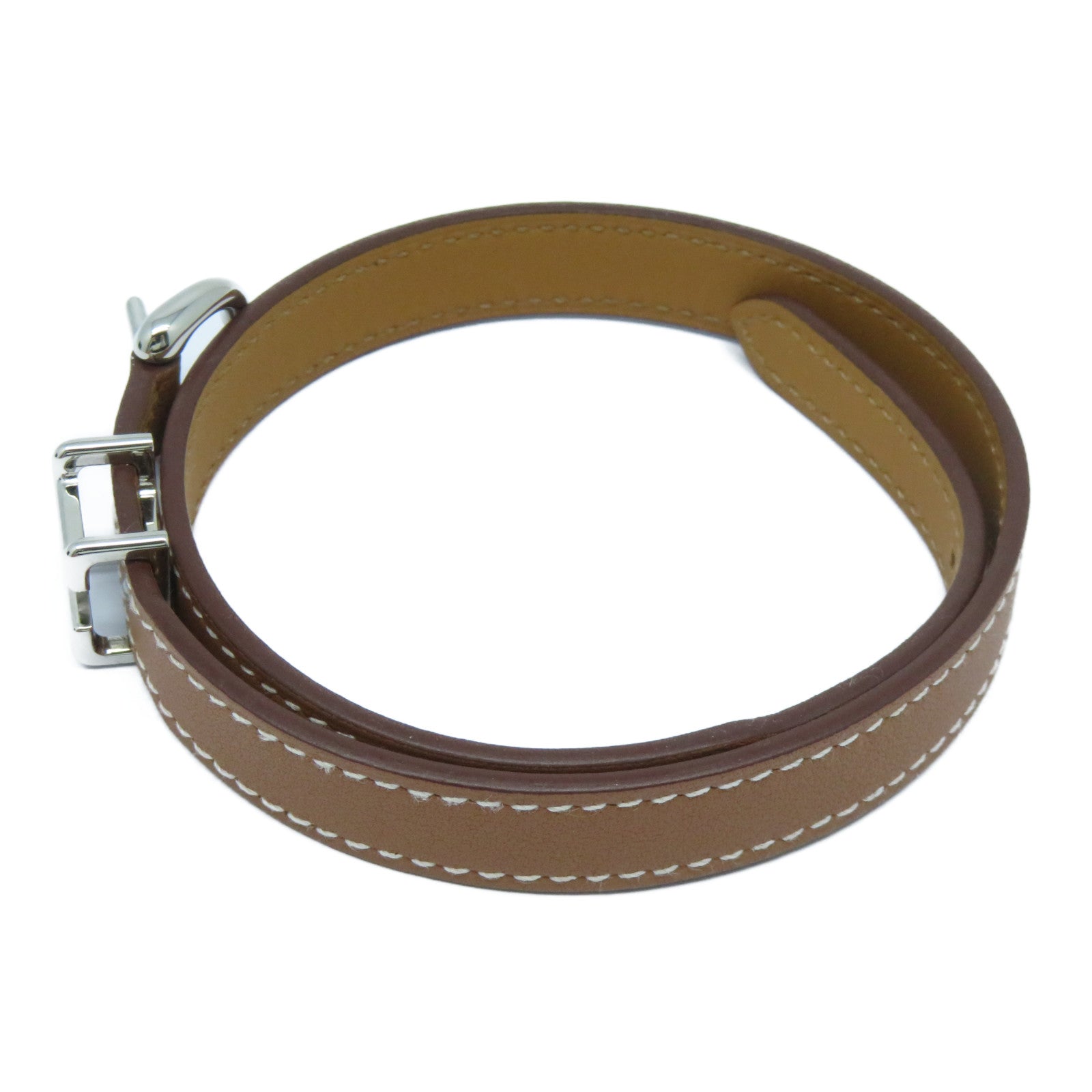 HERMES 皮革Trench Bracelet銀扣手鐲Gold經典駝色