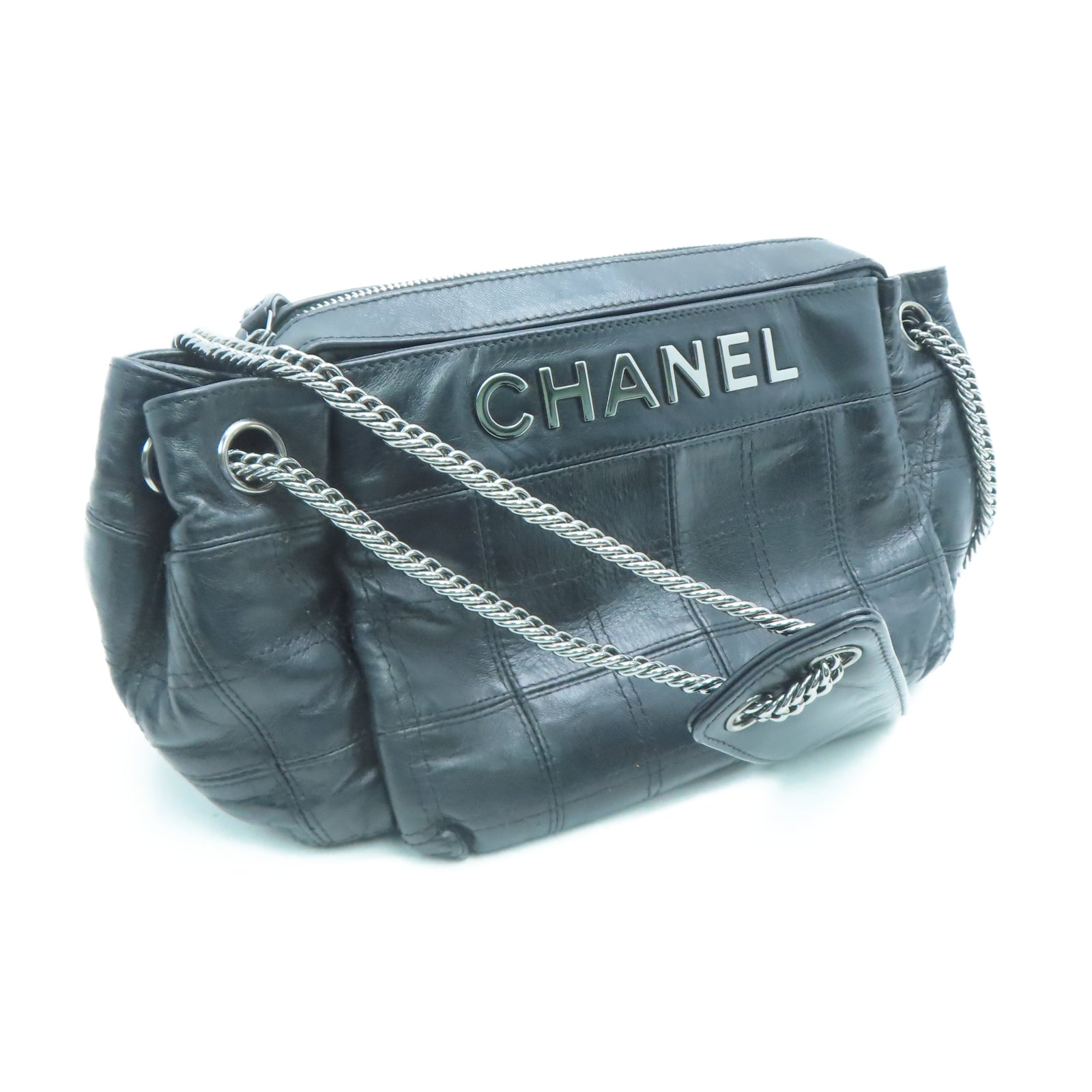 CHANEL 牛皮皮革Shoulder Bag銀扣鏈帶肩背袋黑色
