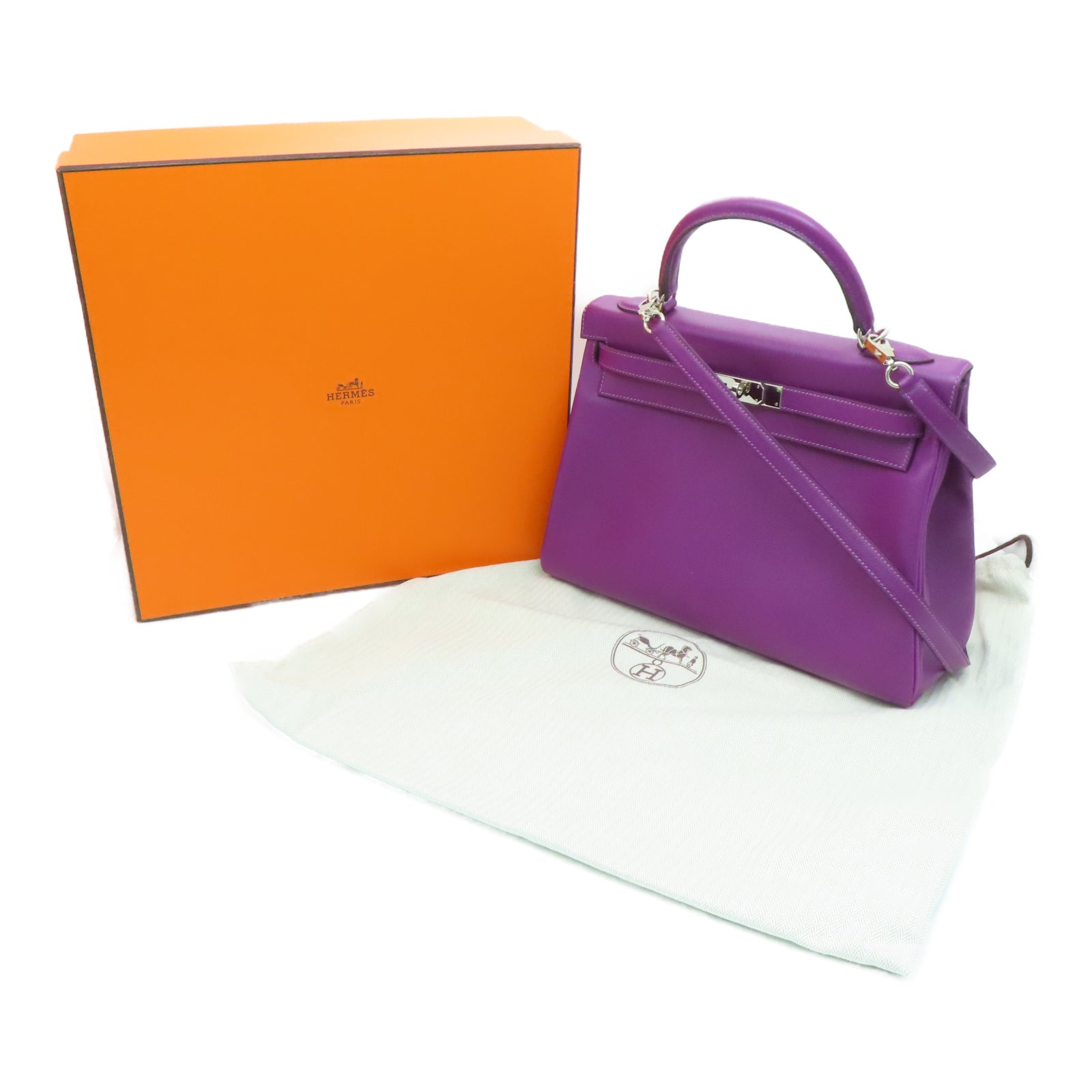 HERMES Evercolor皮革Kelly 32银扣手挽肩背两用袋海葵紫色