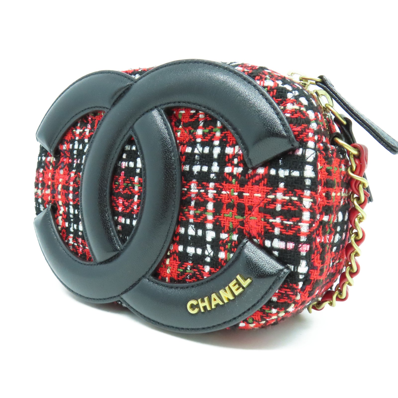CHANEL 斜紋軟呢Chain Shoulder金扣鏈帶肩背袋紅色/黑色