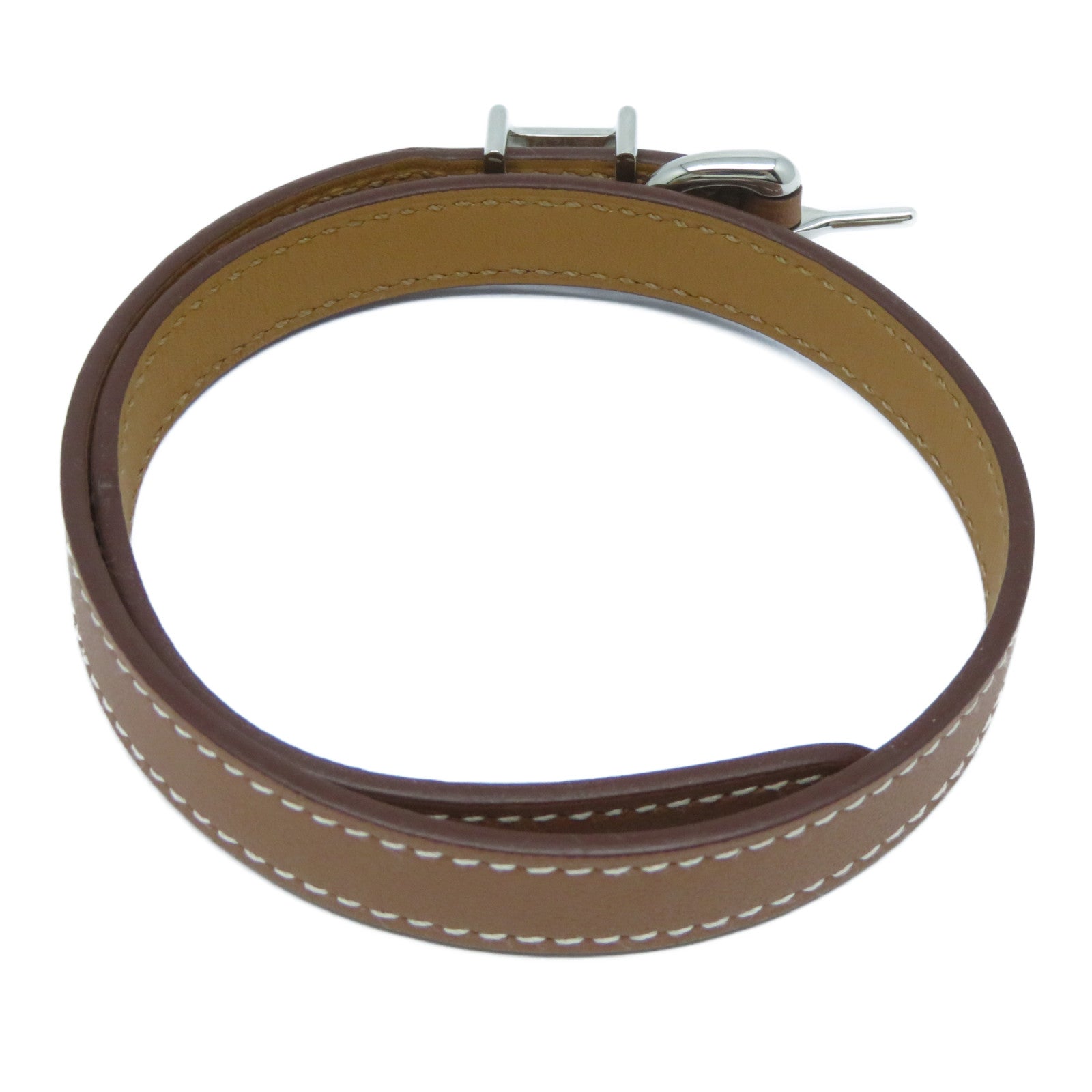 HERMES 皮革Trench Bracelet銀扣手鐲Gold經典駝色