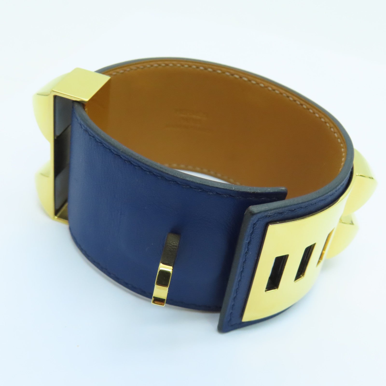 HERMES Swift皮革CDC金扣手鐲藍色