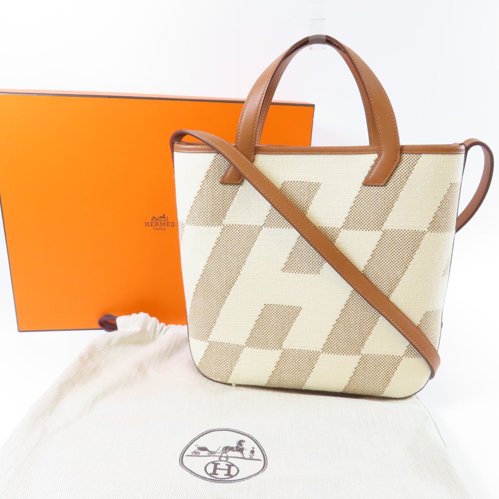 HERMES 帆布Cabas H 27手挽肩背兩用袋Gold經典駝色/米色