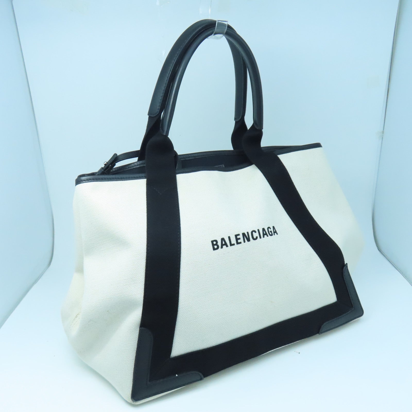 BALENCIAGA Canvas Shoulder Bag Silver Buckle Black/White