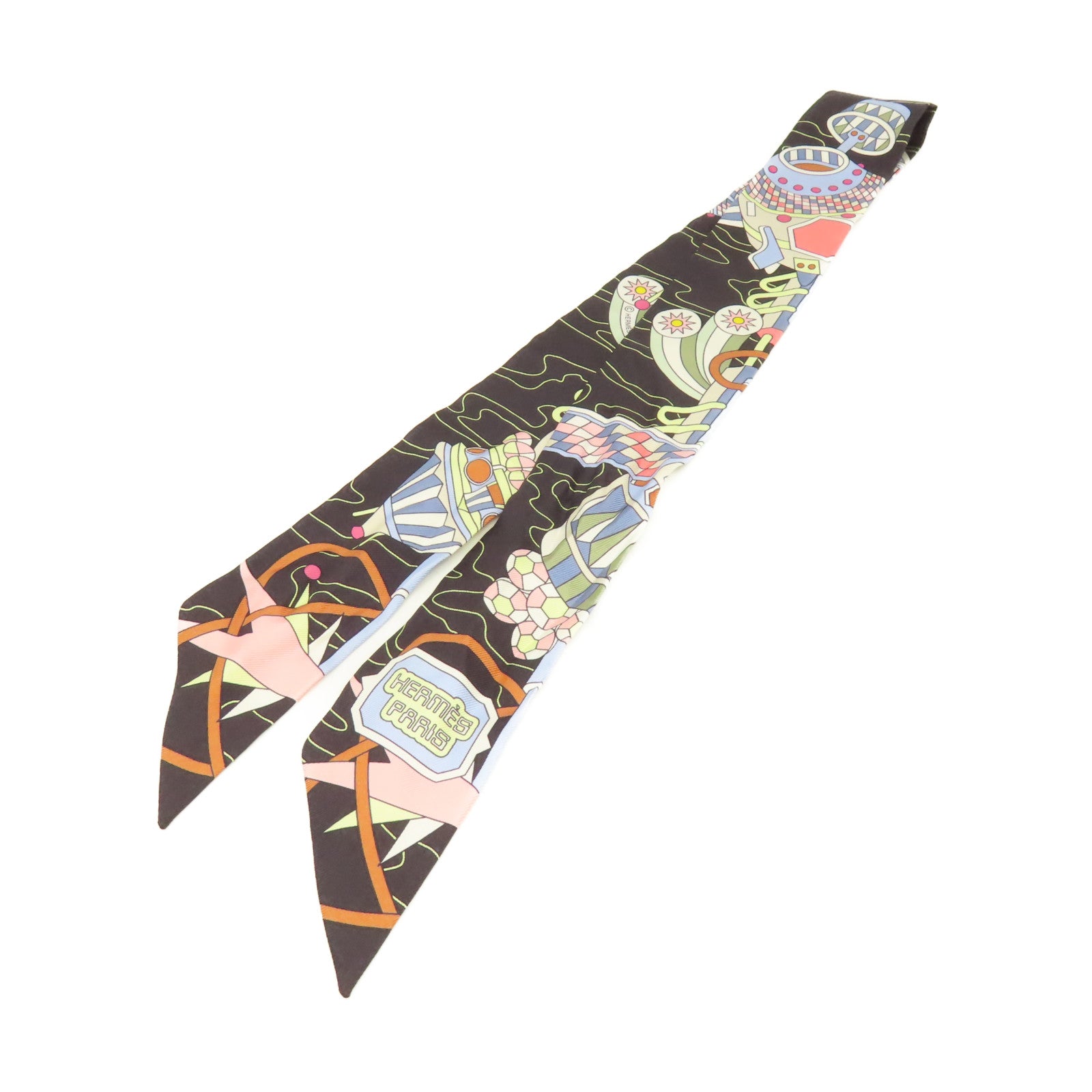 HERMES 絲質Twilly Scarf絲巾黑色/粉紅色/彩色