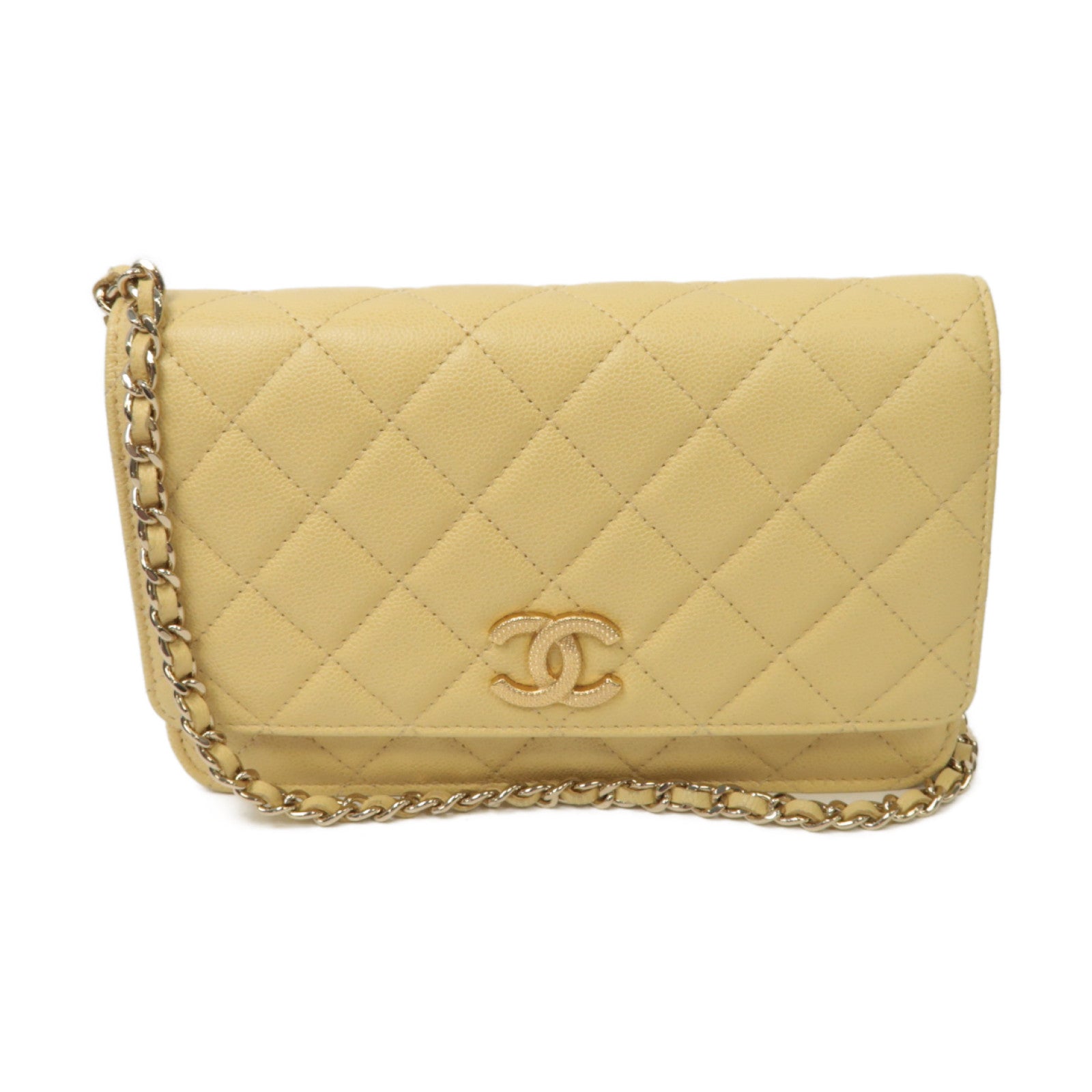 CHANEL 菱格Caviar皮革WOC金扣鏈帶肩背袋黃色