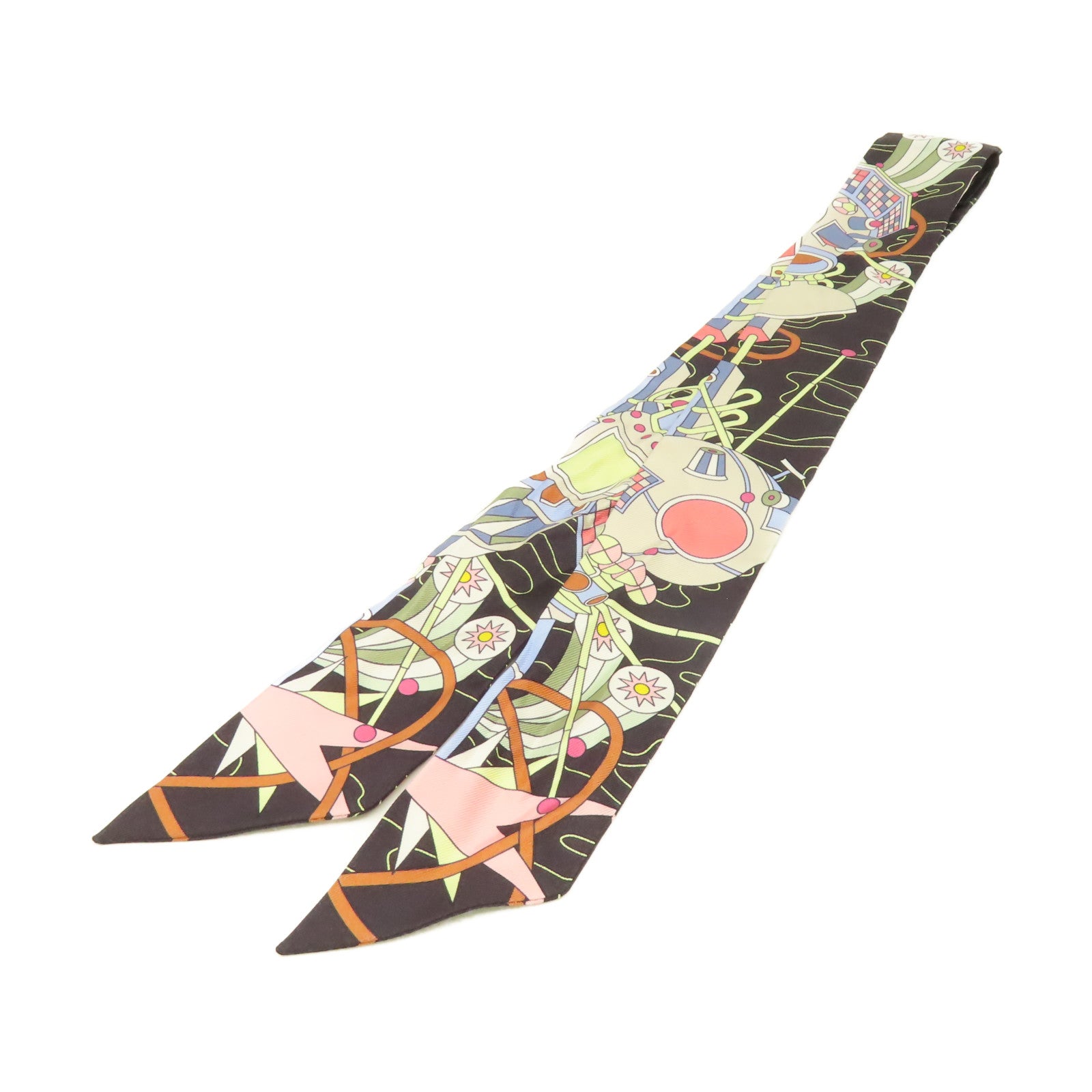 HERMES 絲質Twilly Scarf絲巾黑色/粉紅色/彩色