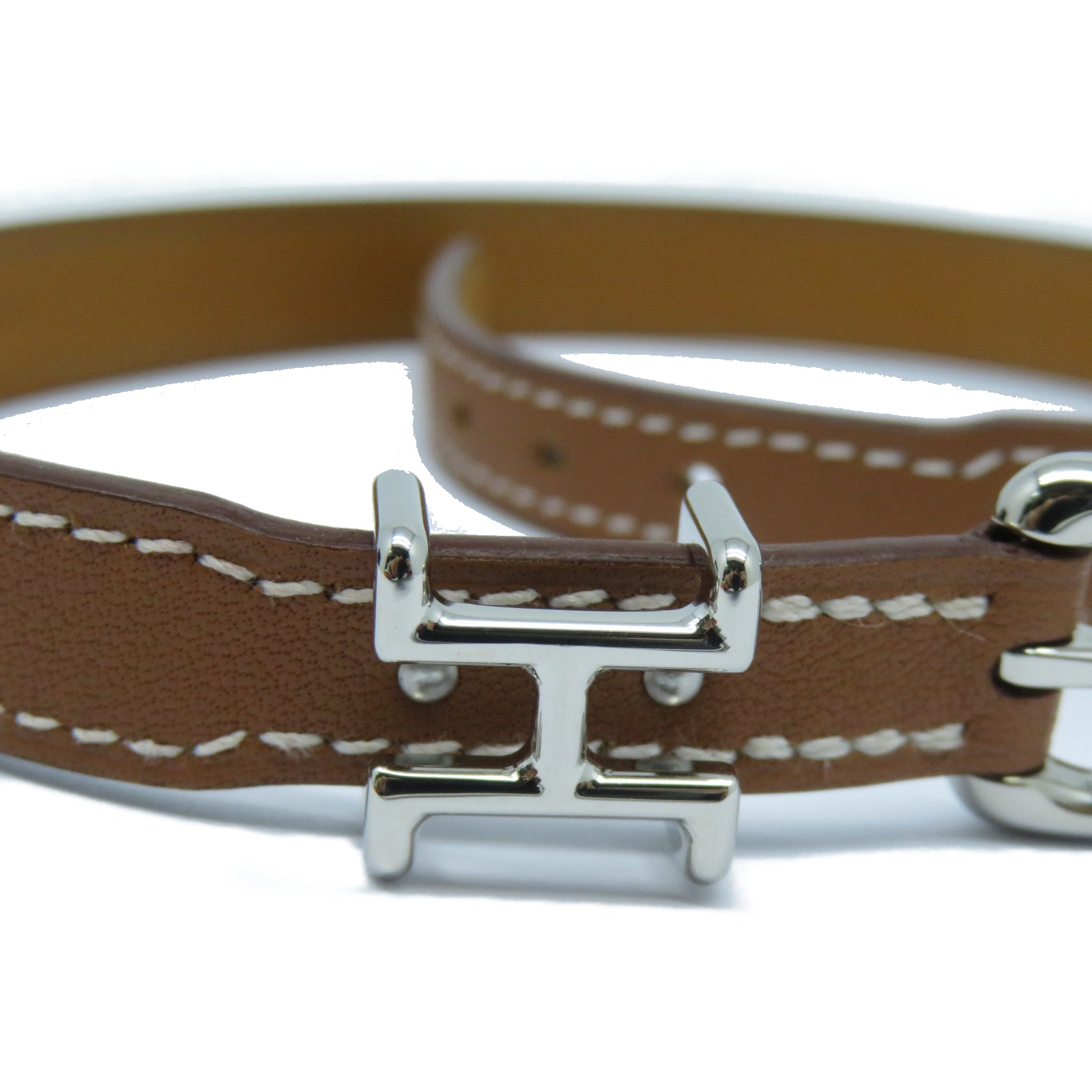 HERMES 皮革Trench Bracelet銀扣手鐲Gold經典駝色