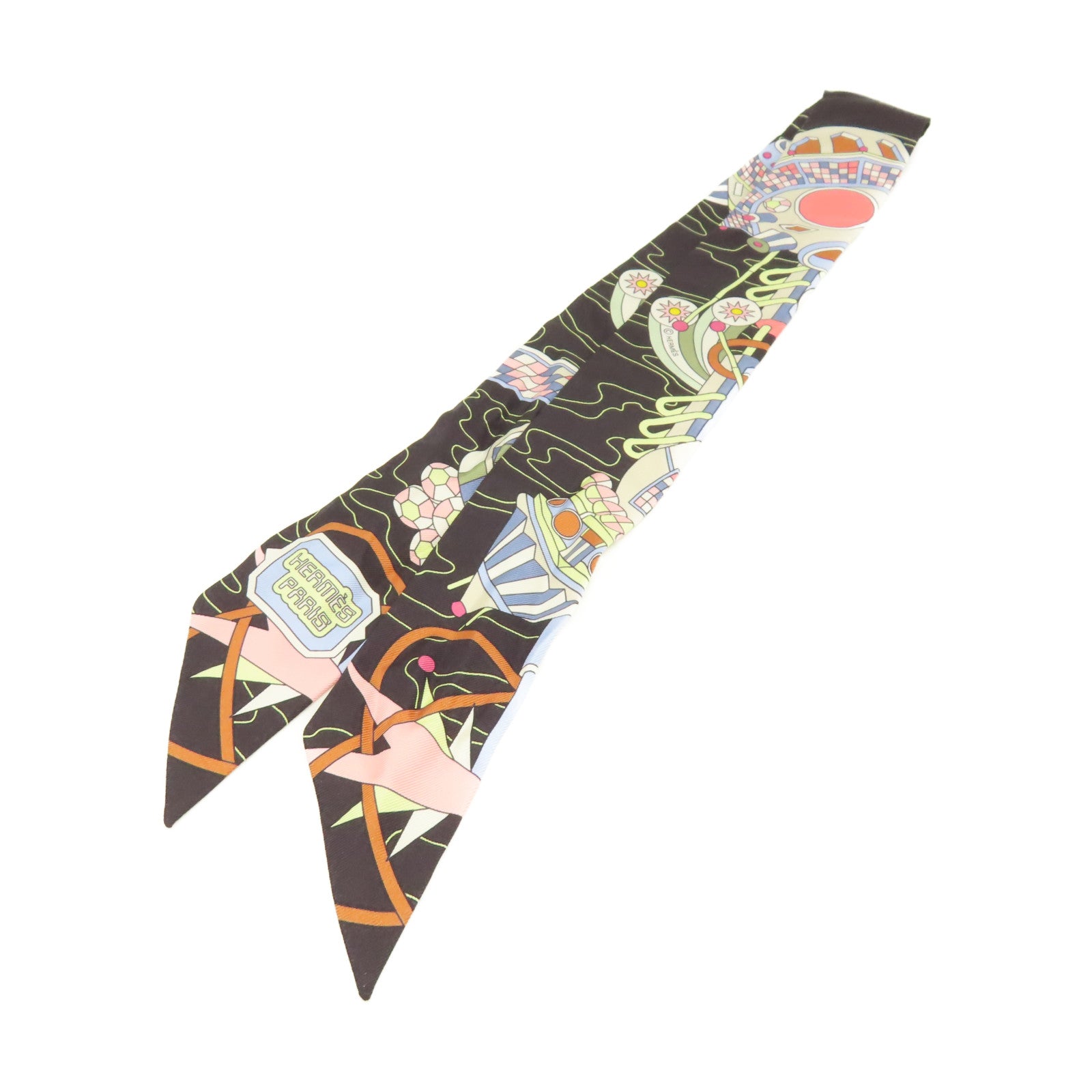HERMES 絲質Twilly Scarf絲巾黑色/粉紅色/彩色
